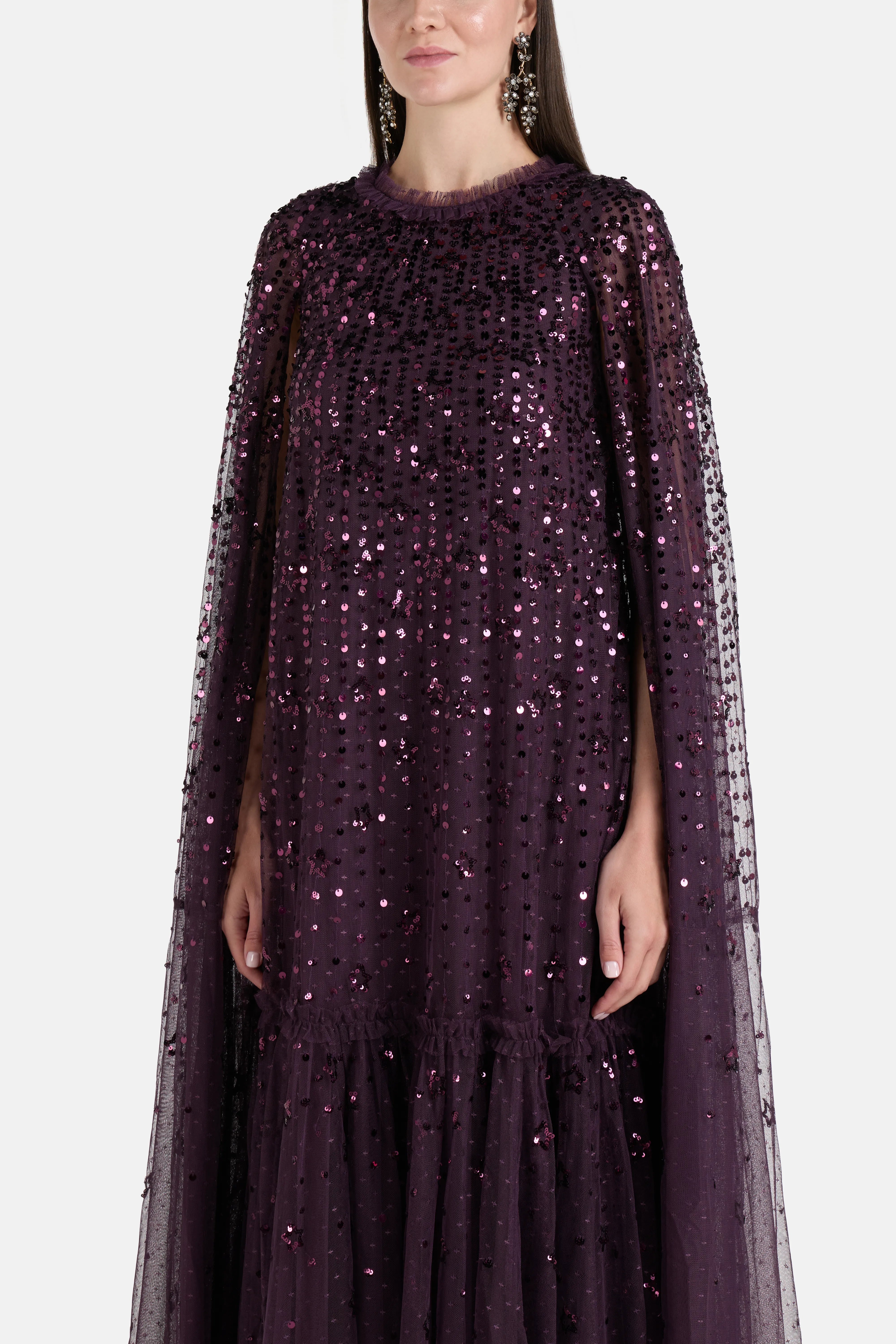 Falling Stars Sequins Cape Evening Dress in Purple