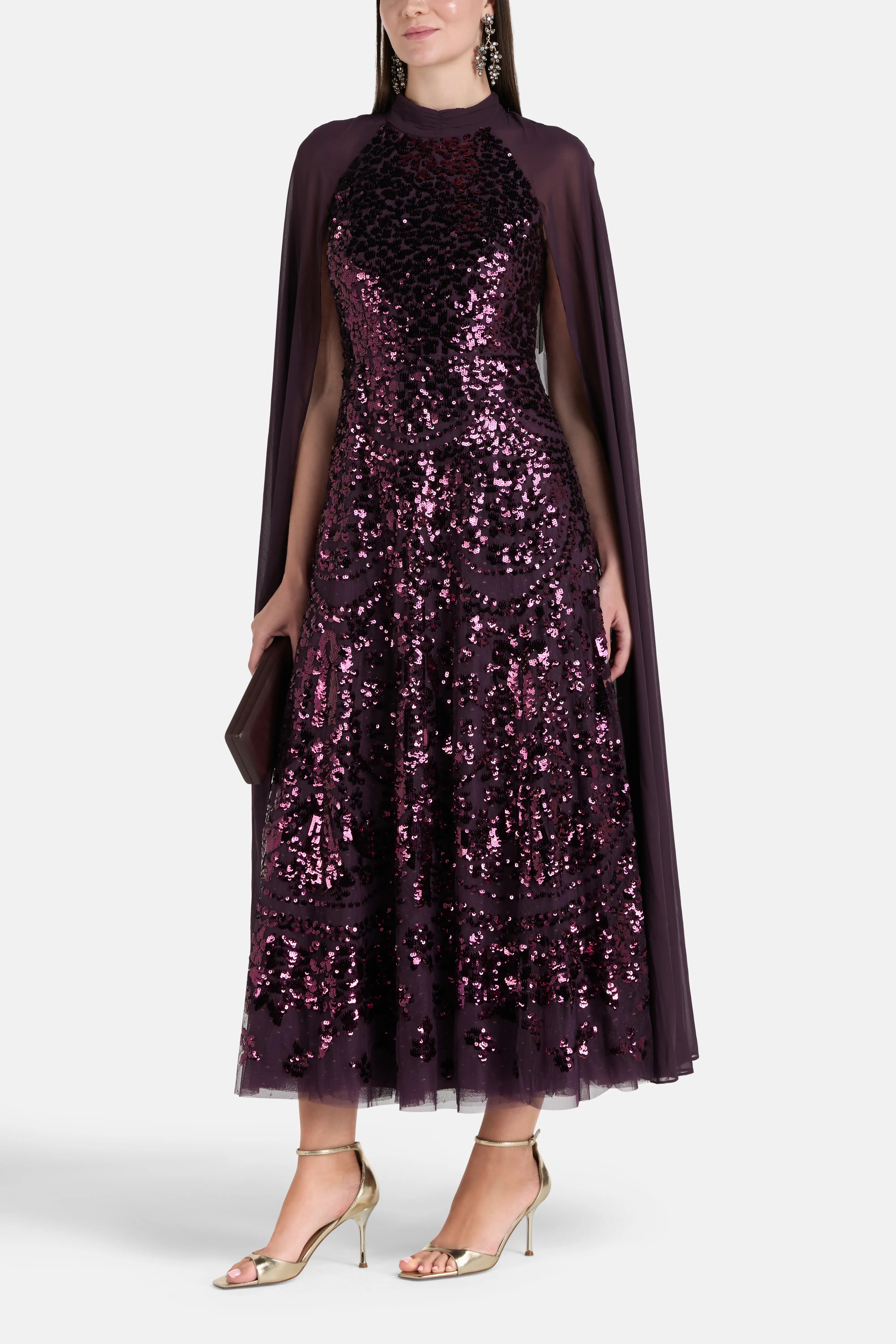 Chandelier Sequins Cape Evening Dress in Purple