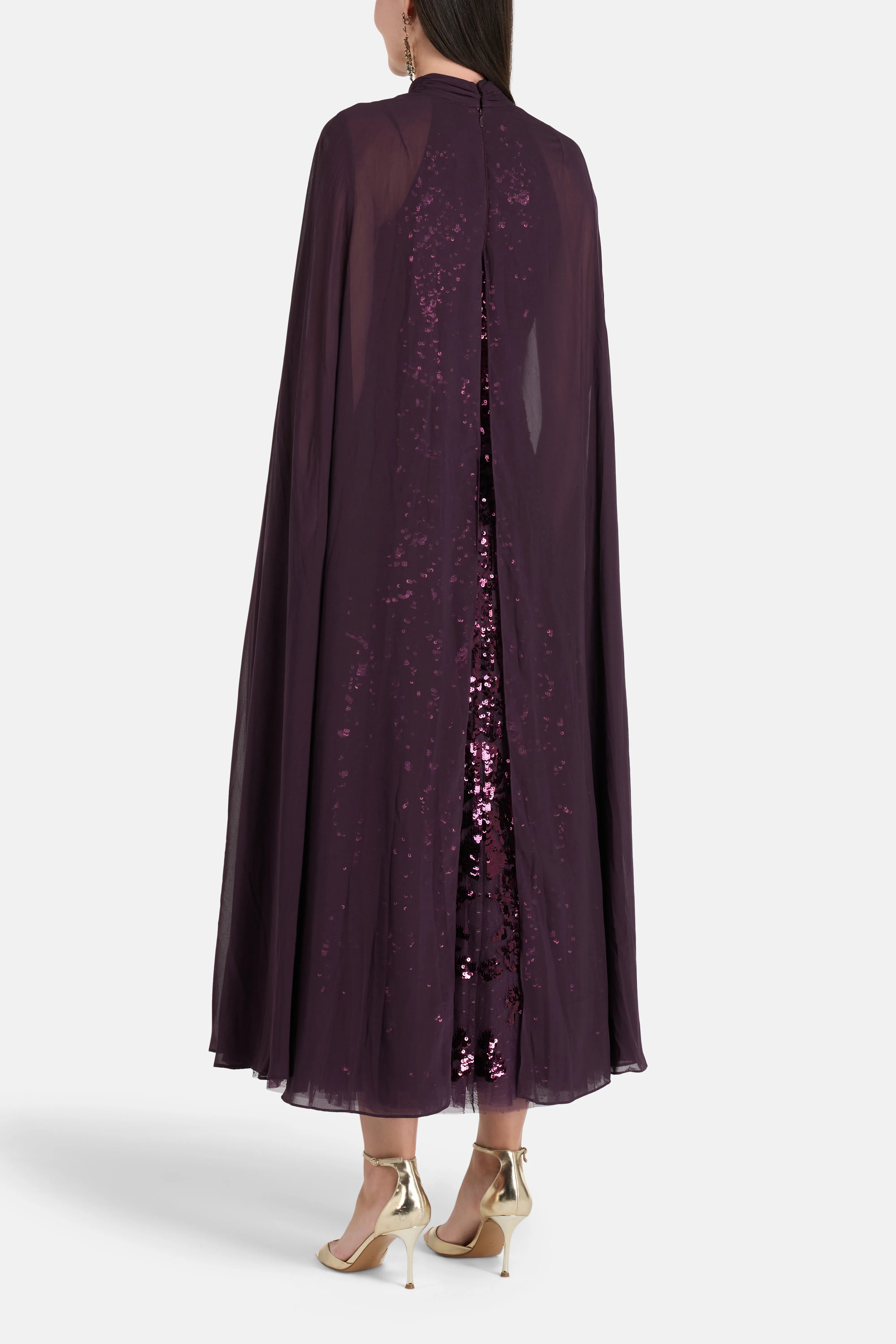 Chandelier Sequins Cape Evening Dress in Purple