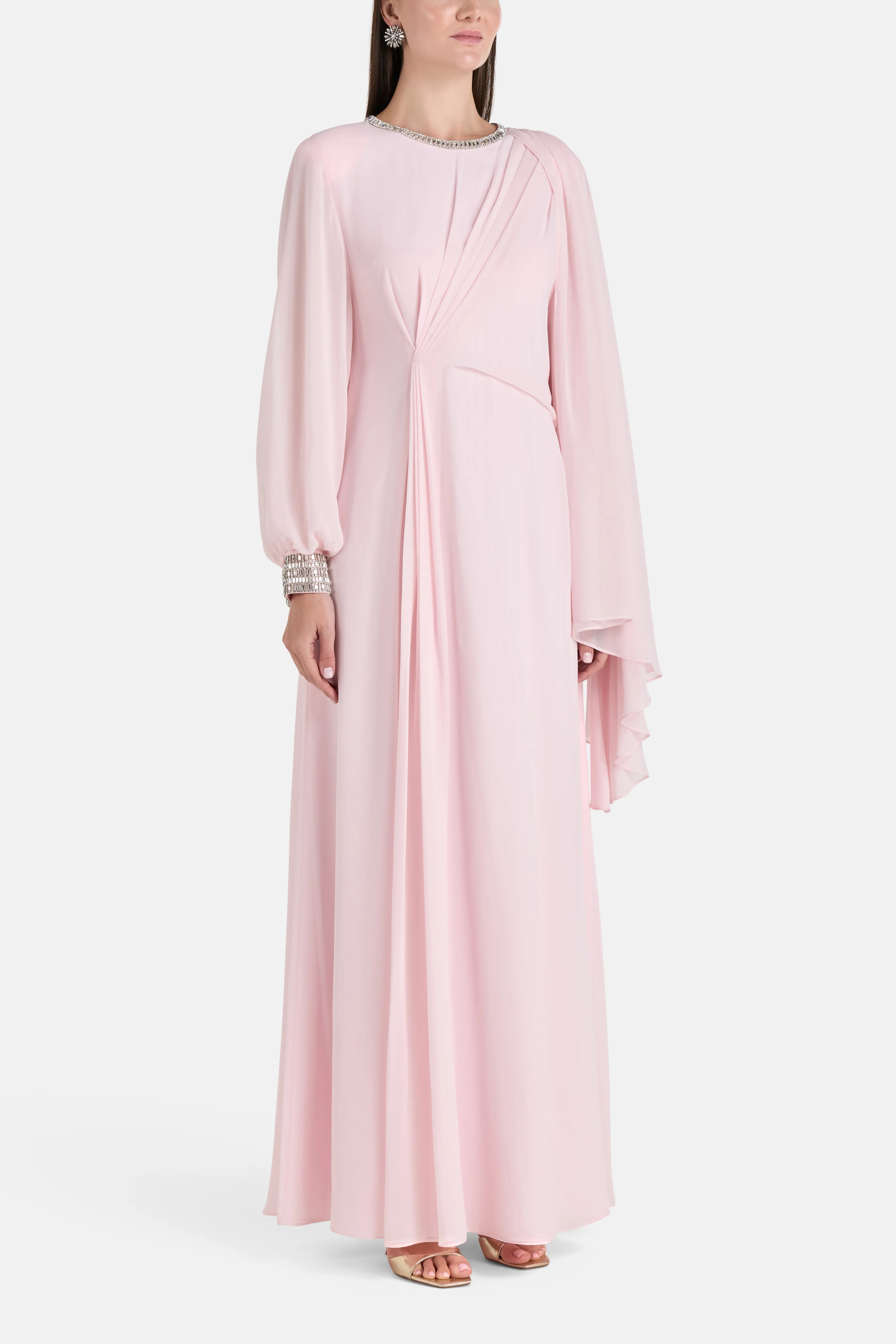 Tanya Long Sleeves Embellished Evening Dress in Pink