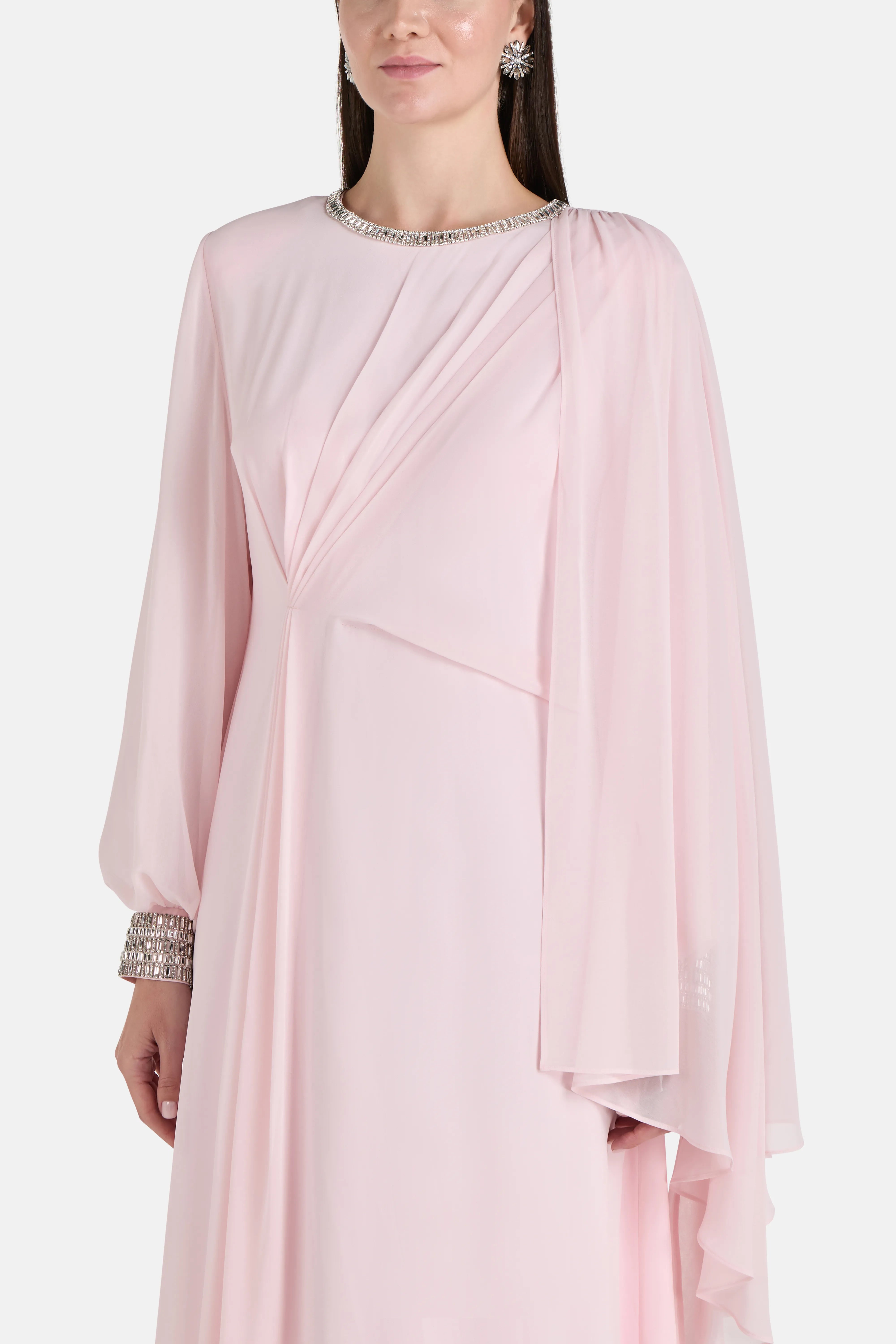Tanya Long Sleeves Embellished Evening Dress in Pink