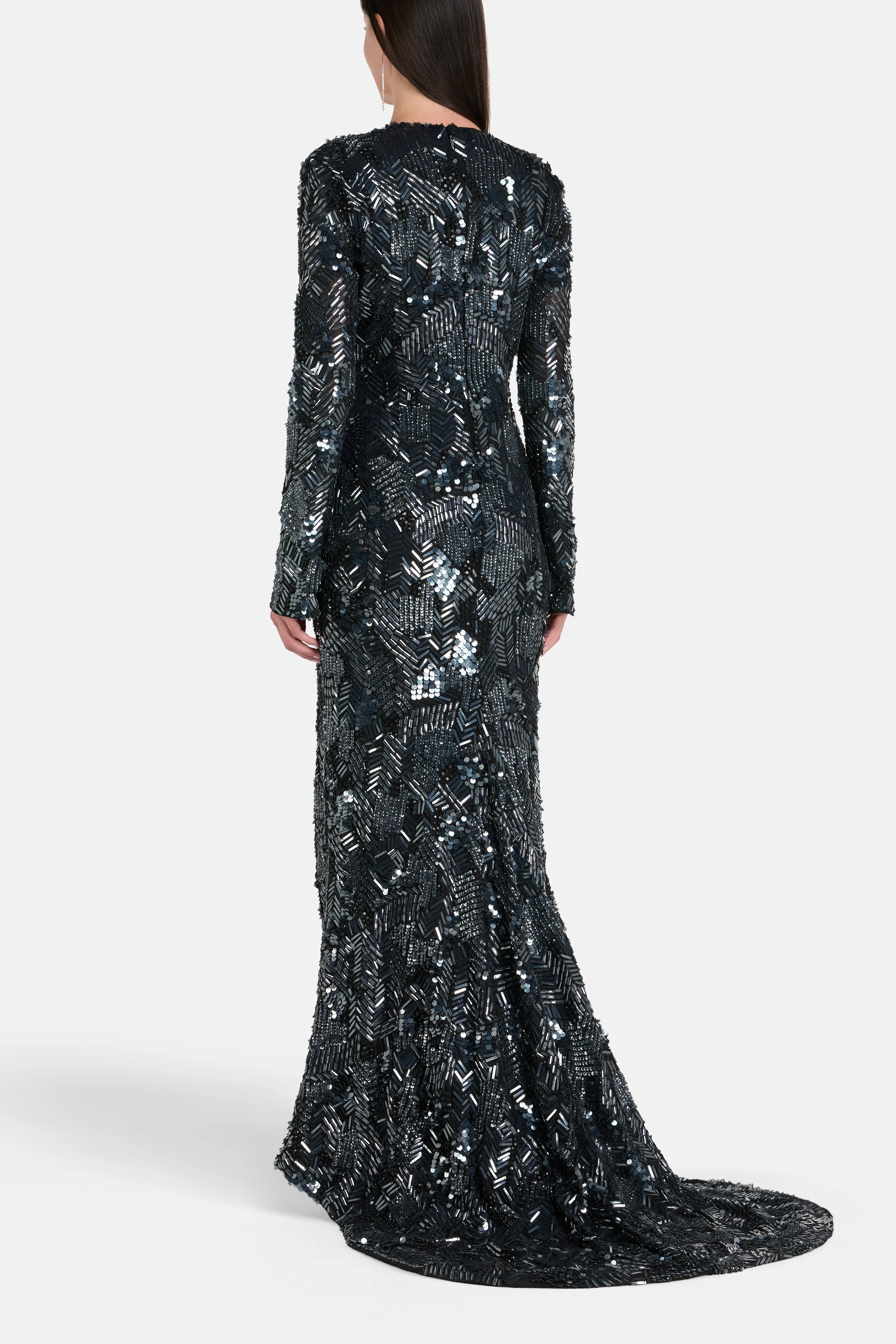 Long Sleeves Embellished Evening Dress with Train in Black