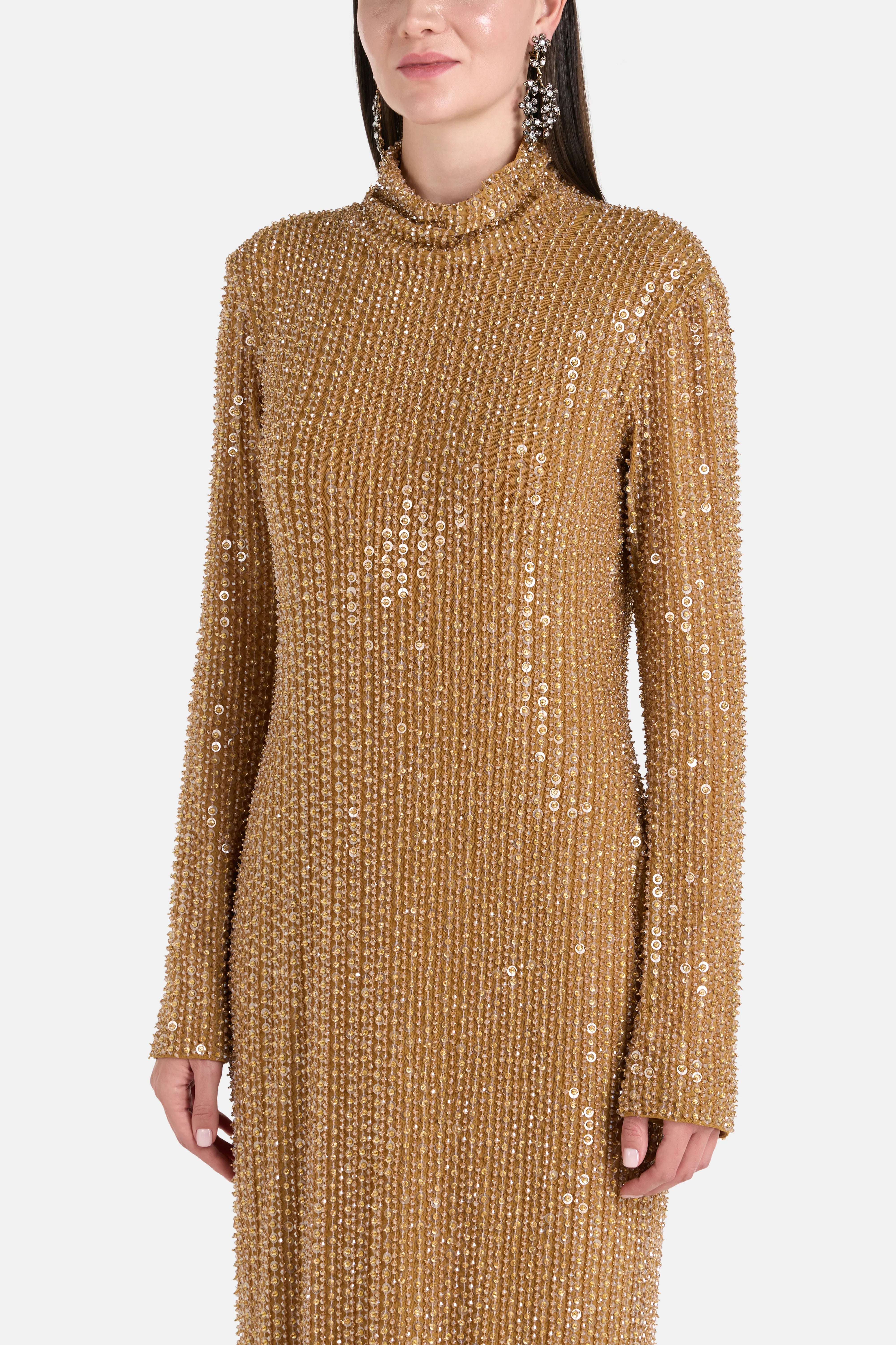 Long Sleeves Embellished Evening Dress in Gold