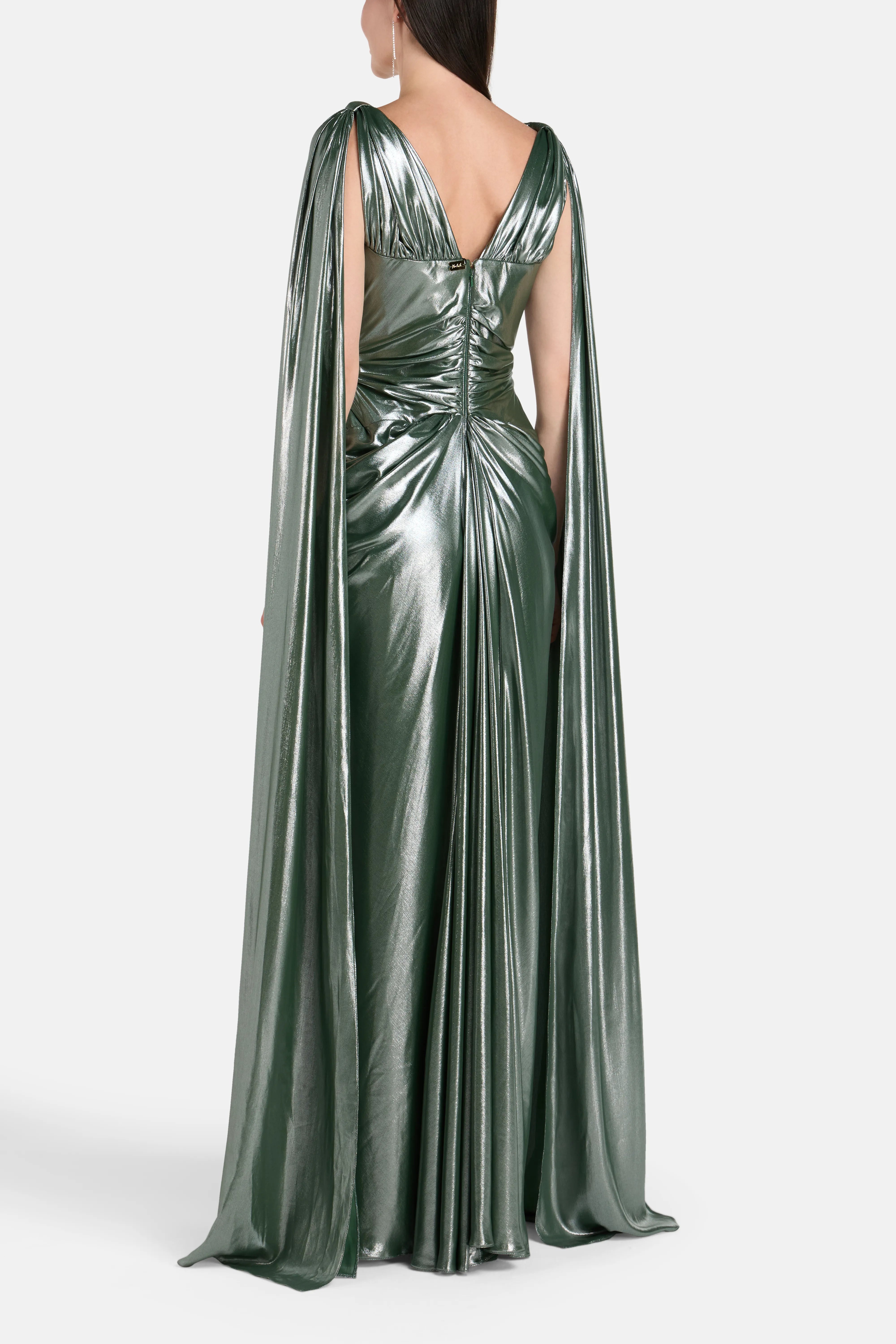 Layla Ruched Cape Sleeves Evening Dress in Green