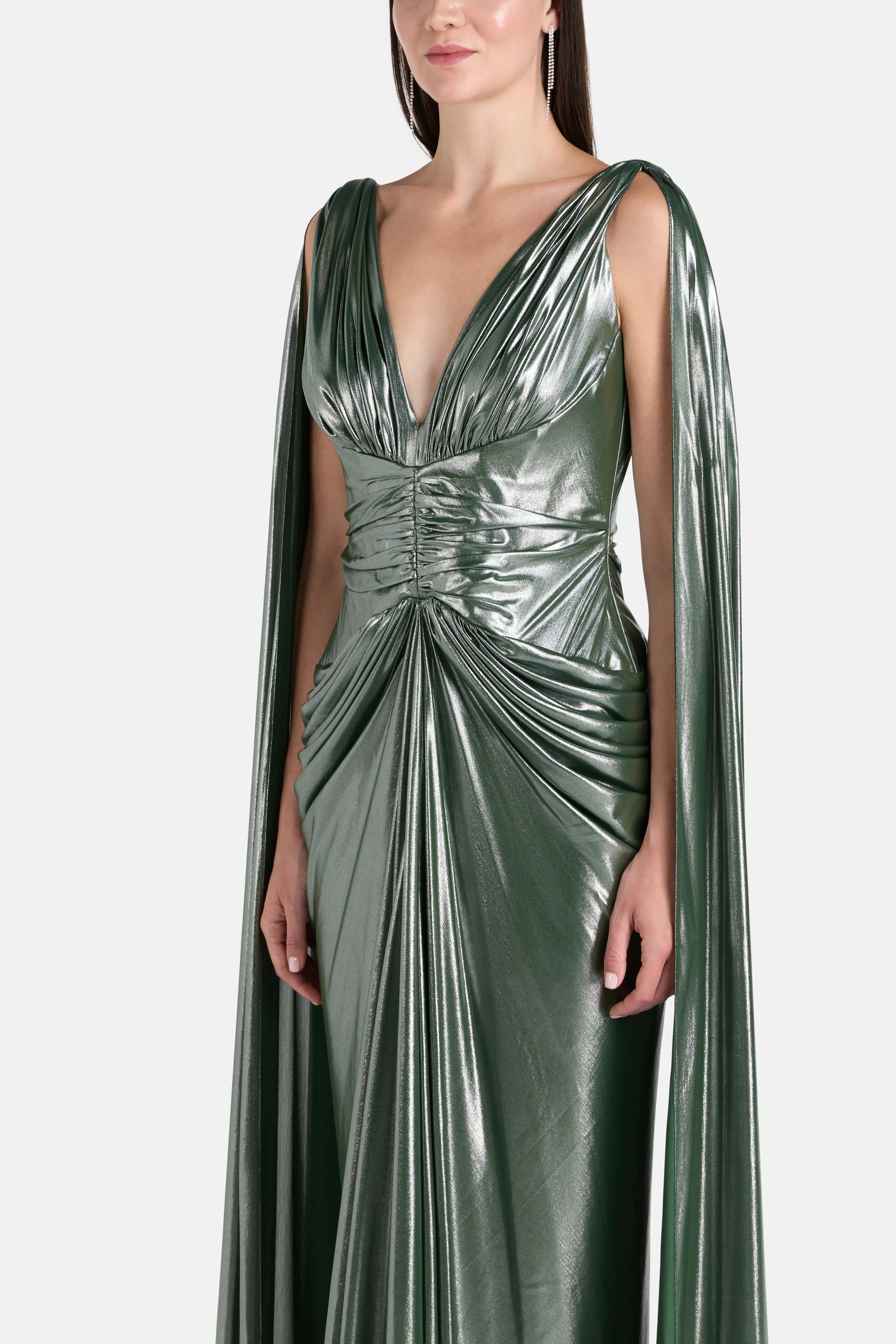 Layla Ruched Cape Sleeves Evening Dress in Green