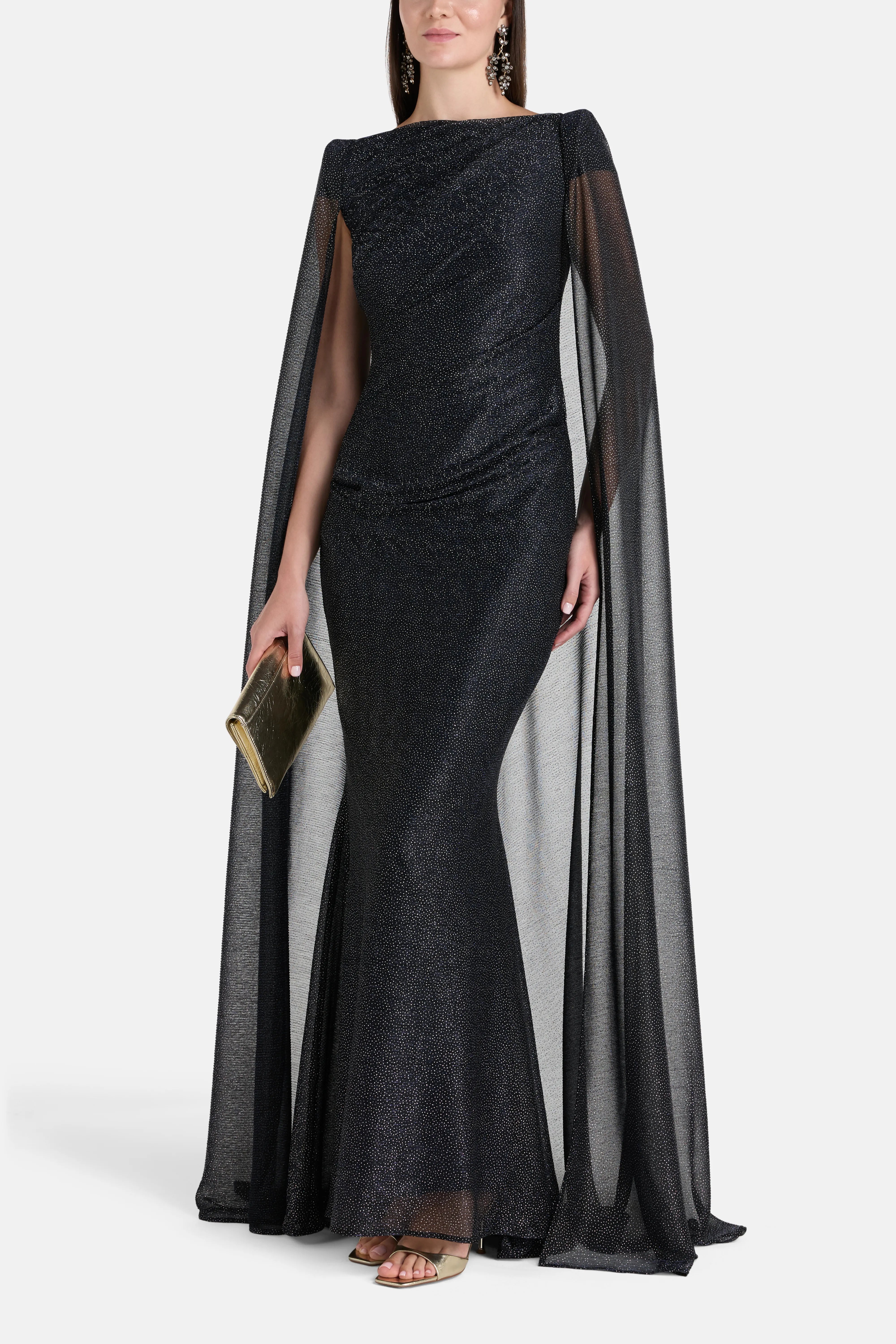 Lucy In The Sky Shimmer Voile Cape Evening Gown in Blue