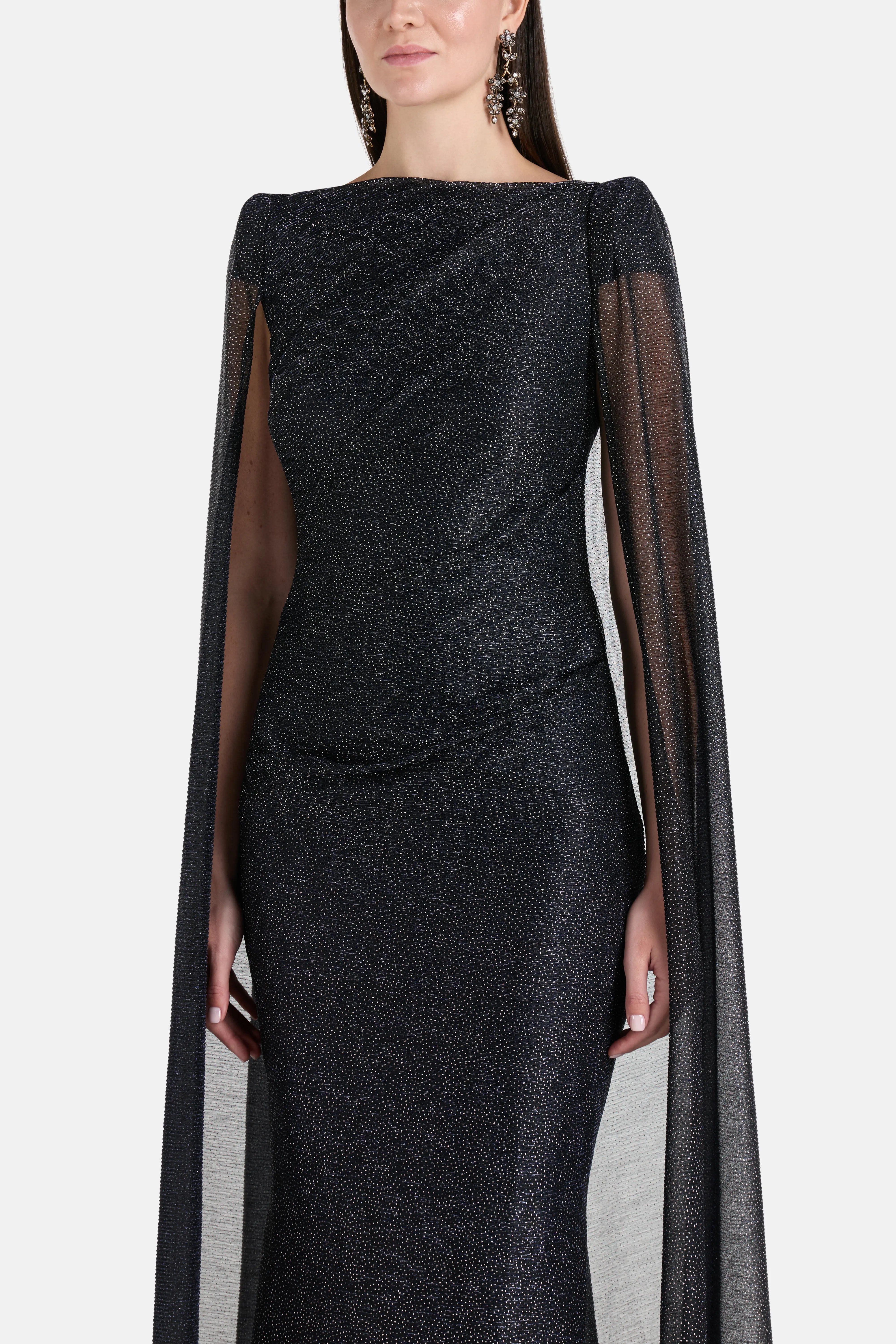 Lucy In The Sky Shimmer Voile Cape Evening Gown in Blue