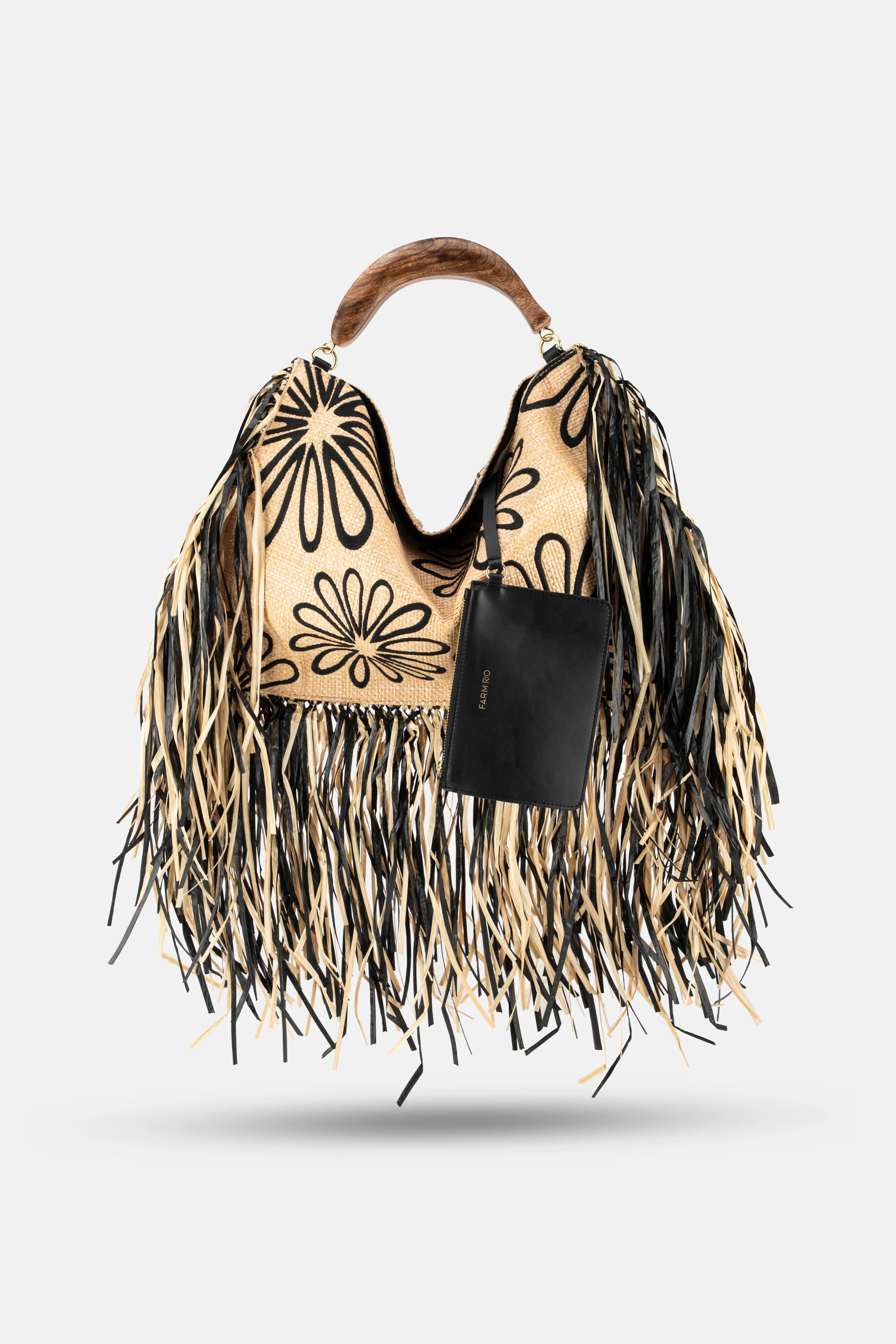 Fringed Raffia Top Handle Bag in Brown
