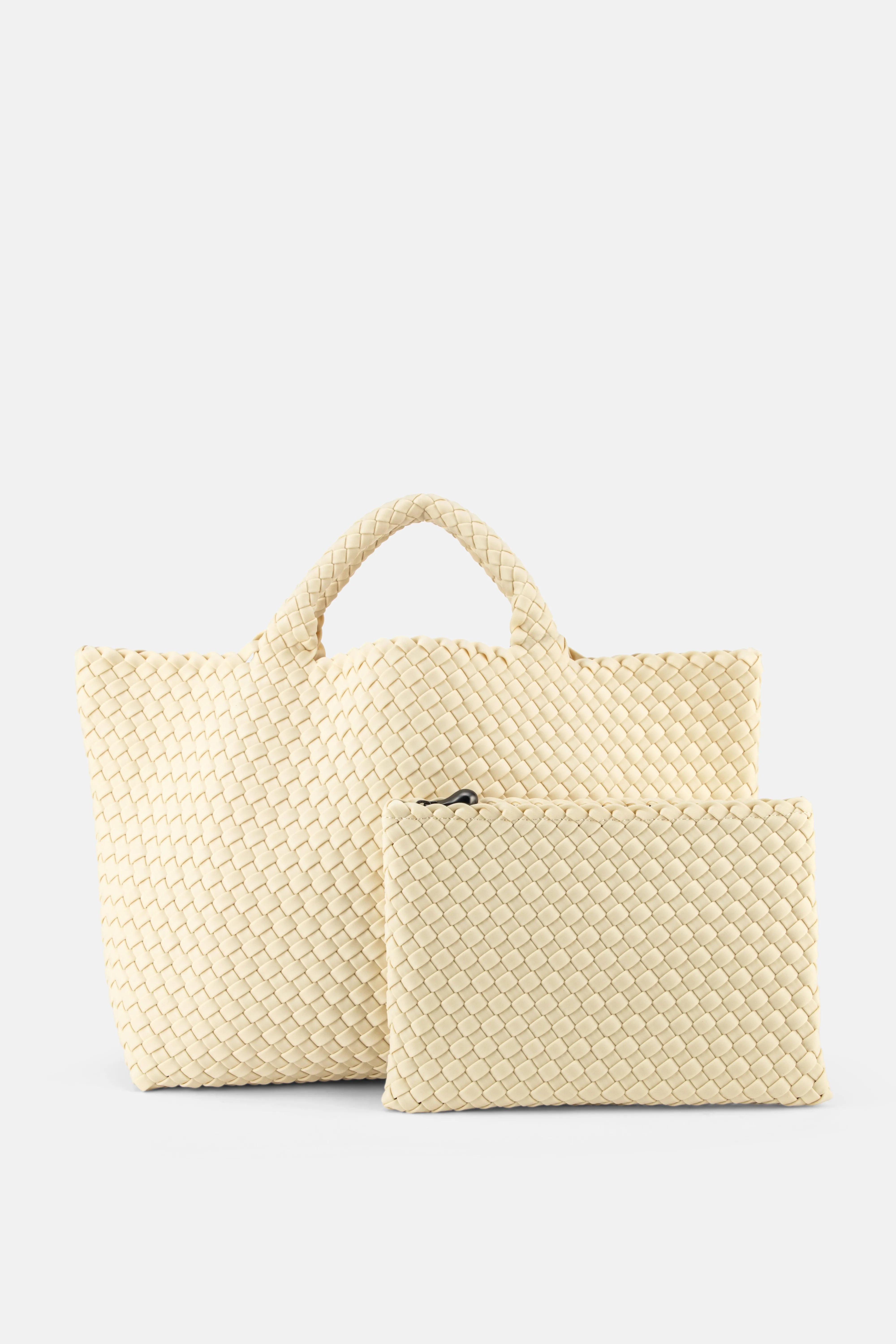St. Barths Woven Medium Tote Bag in White with Pouch