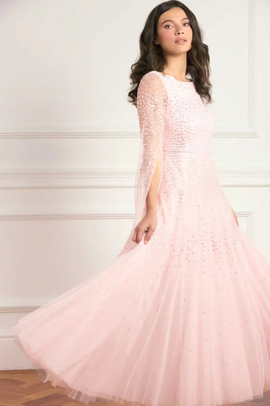 Sunrise Sequins Cape Sleeves Evening Dress in Pink