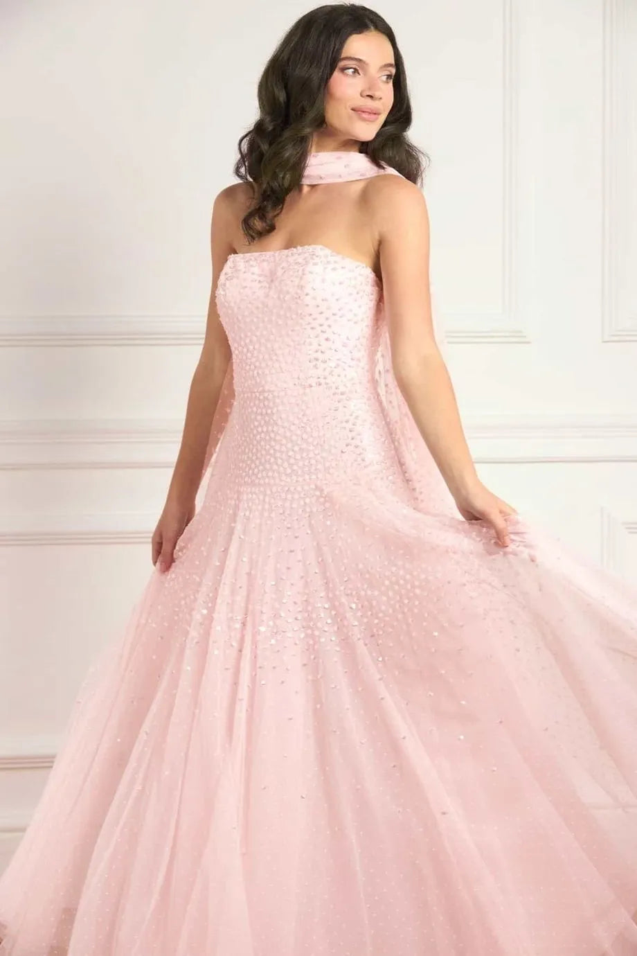 Sunrise Sequins Strapless Evening Dress in Pink with Scarf