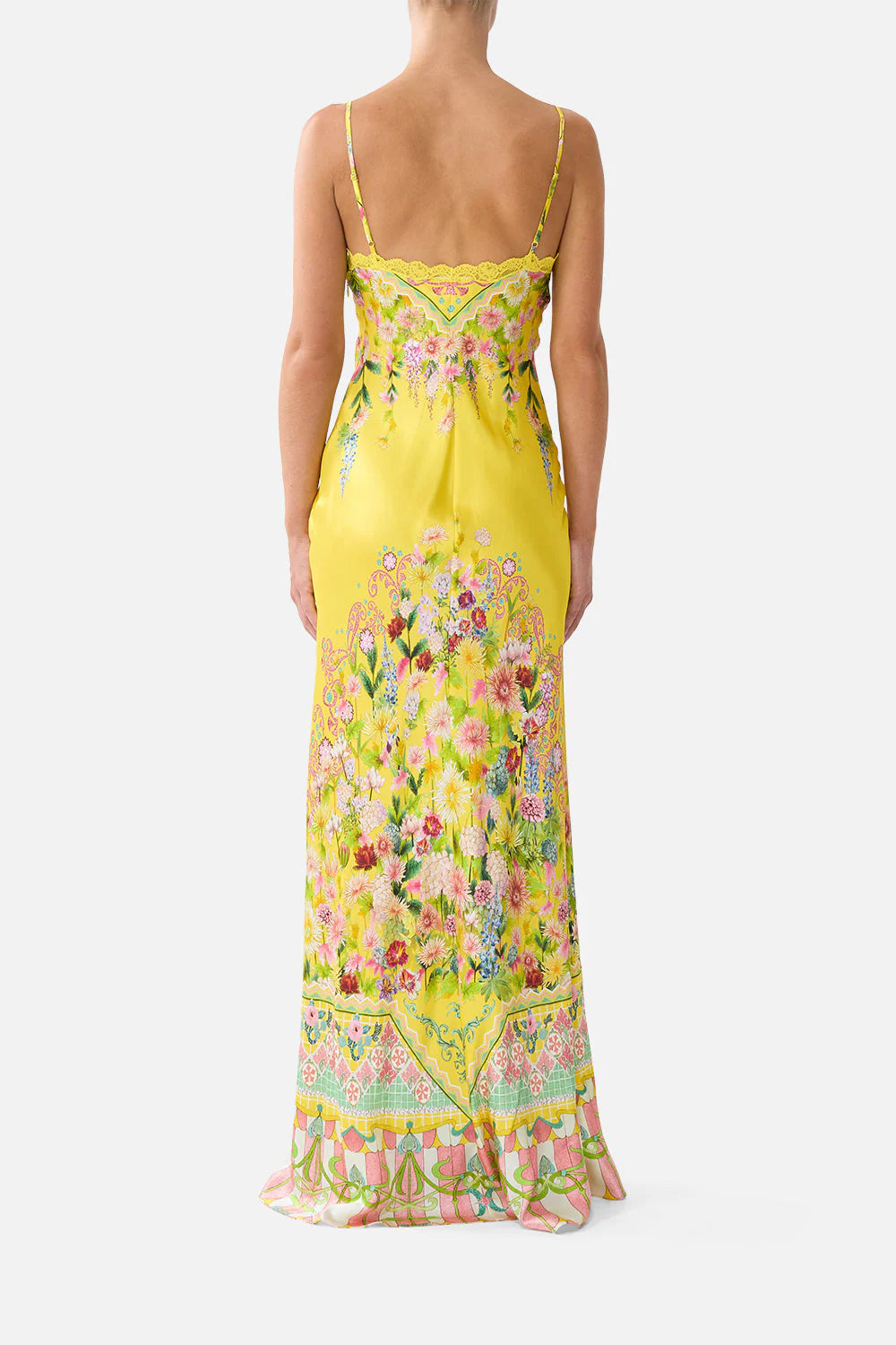 Lady Limonada Floral Silk Lace Sleeveless Slip Maxi Dress in Yellow