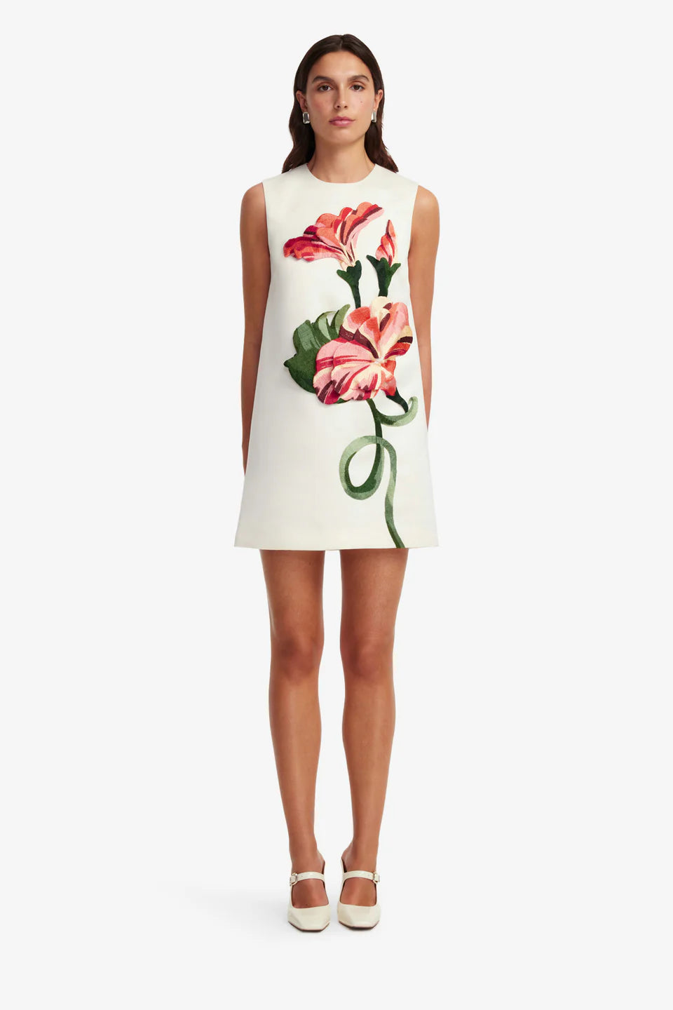 Yvonne Floral Applique Sleeveless Mini Dress in White