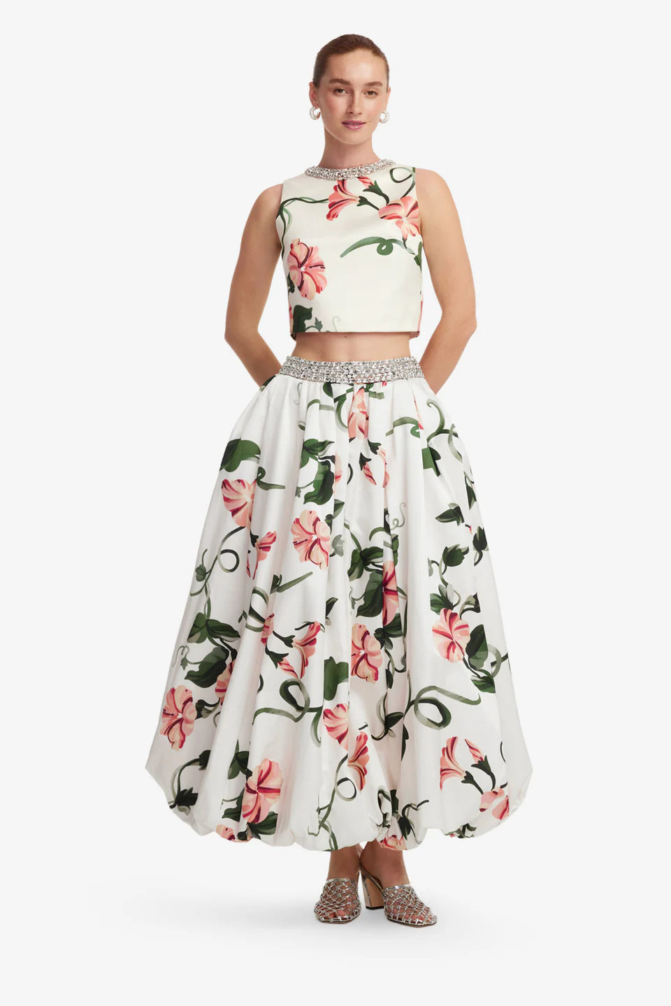 Victoria Floral Embellished Voluminous Maxi Skirt in White