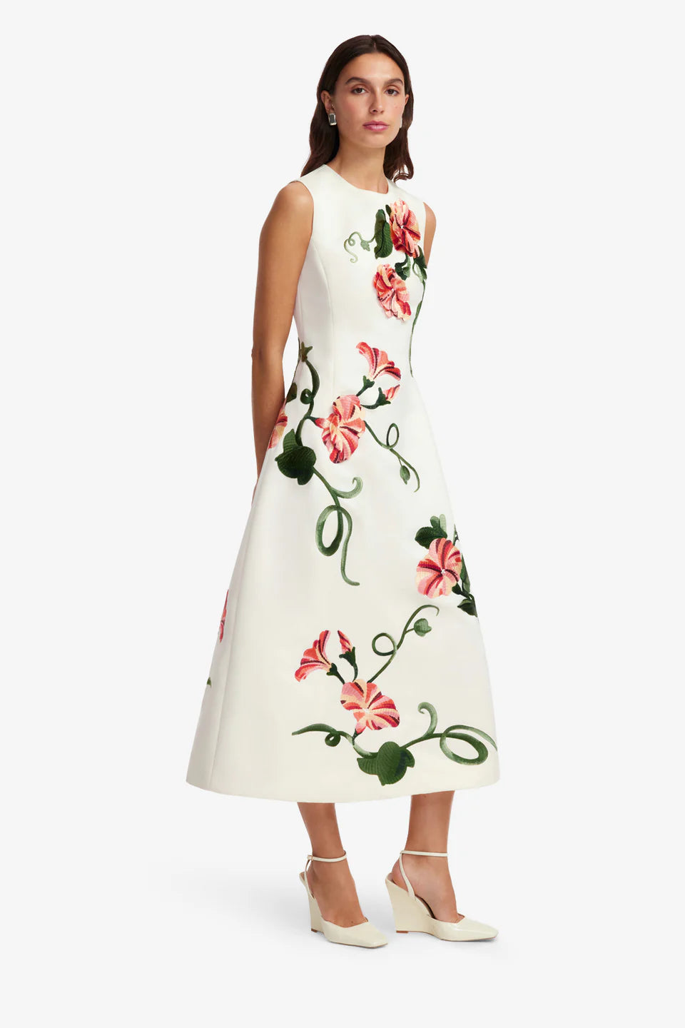 Cleo Floral Applique Sleeveless Midi Dress in White