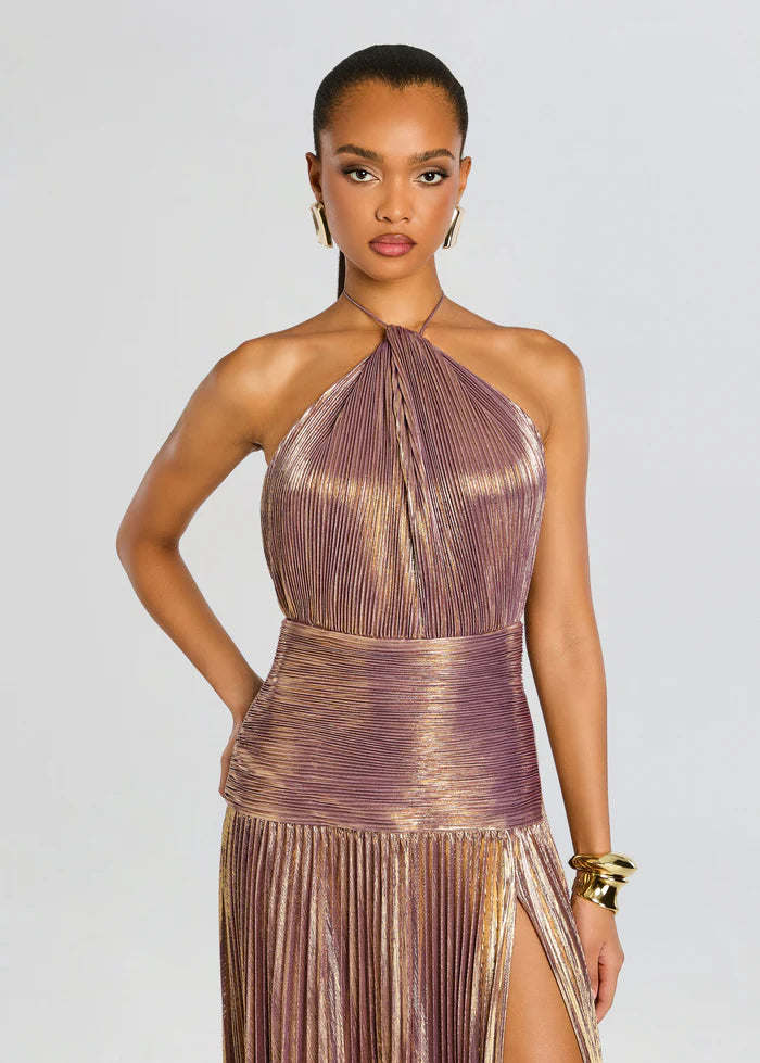 Thalia Halter Neck Evening Dress in Gold