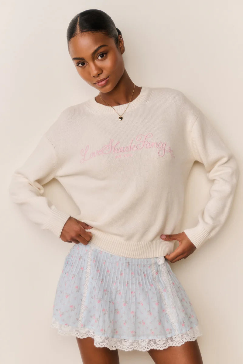 Selman Embroidered Cotton Wool Pullover Sweater in Cream