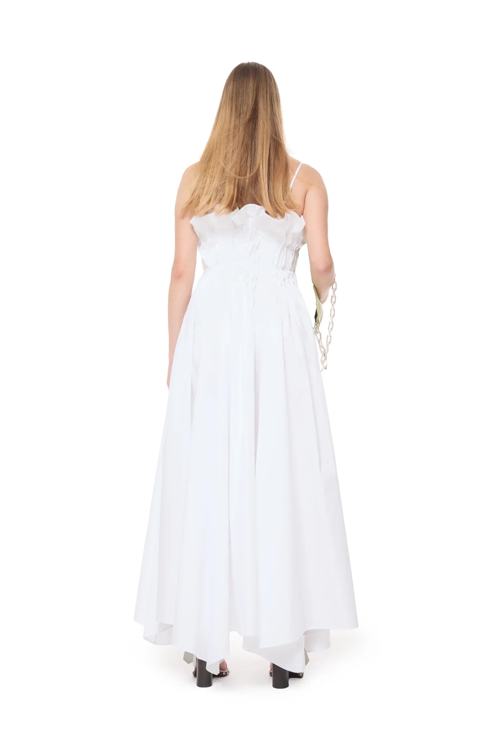 Cinched Pleated Organic Cotton Sleeveless Midi Dress in White