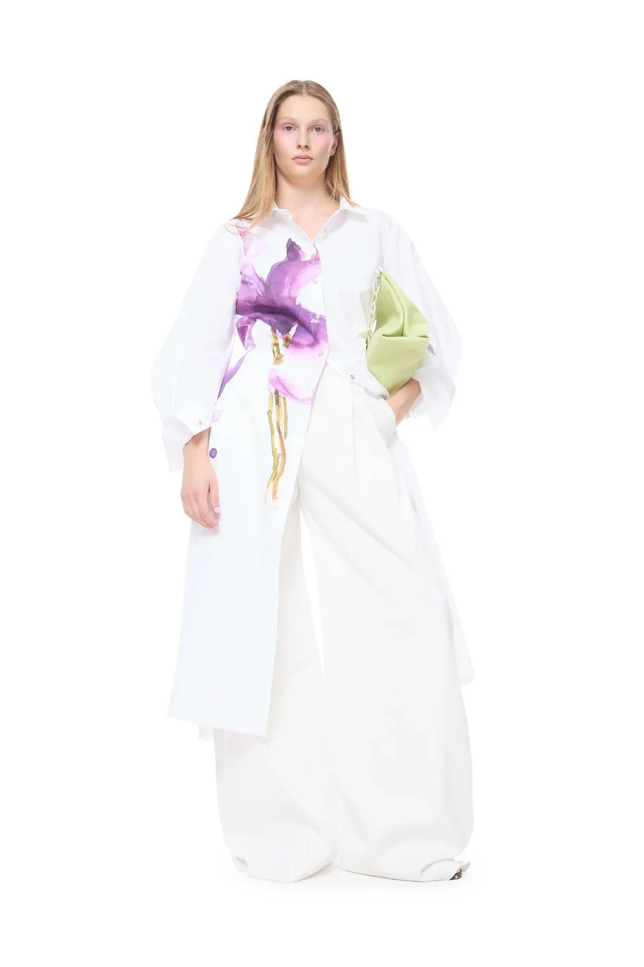 Watercolor Flower Printed Floral Organic Cotton Maxi Dress in White