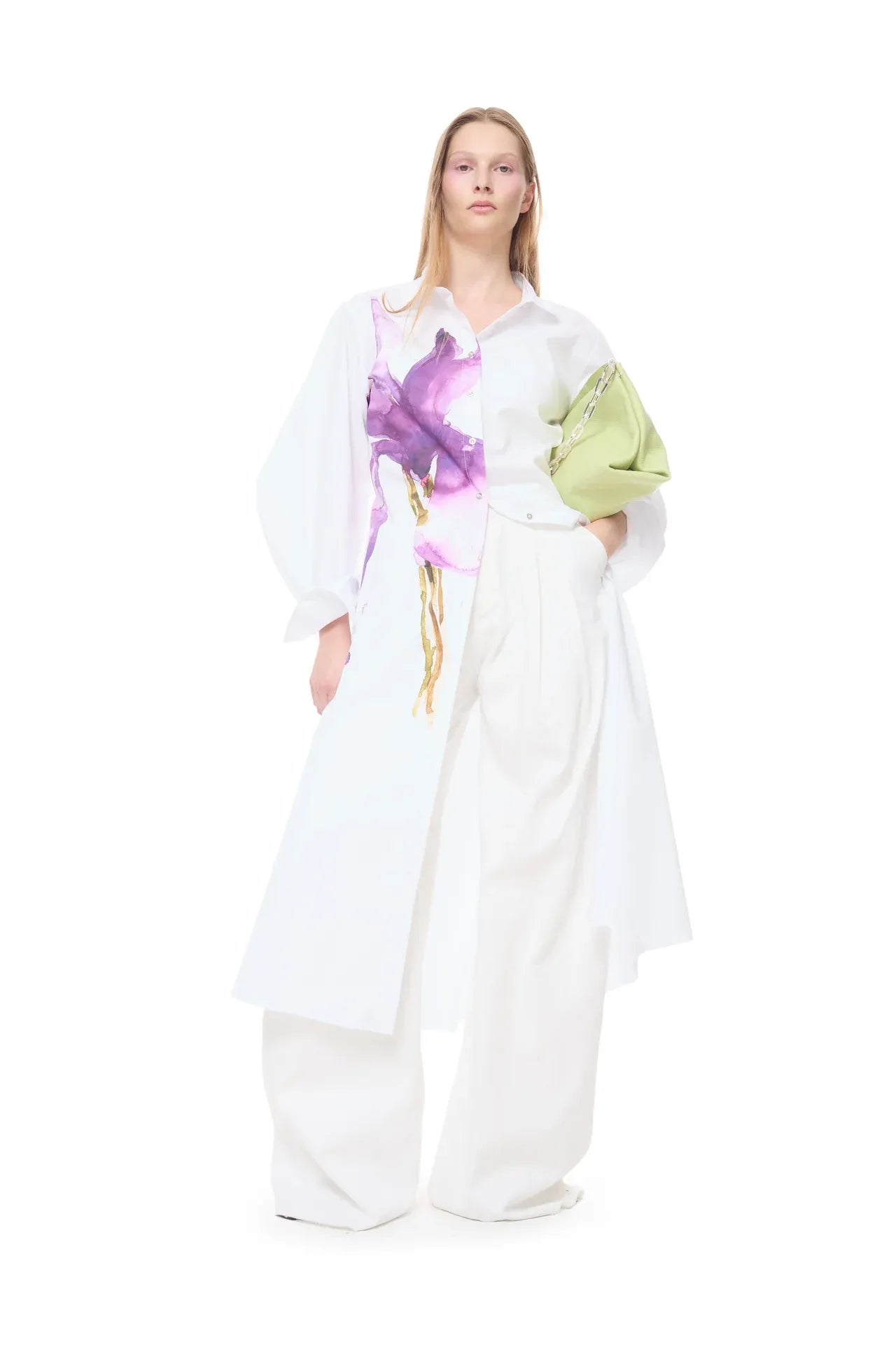 Watercolor Flower Printed Floral Organic Cotton Maxi Dress in White