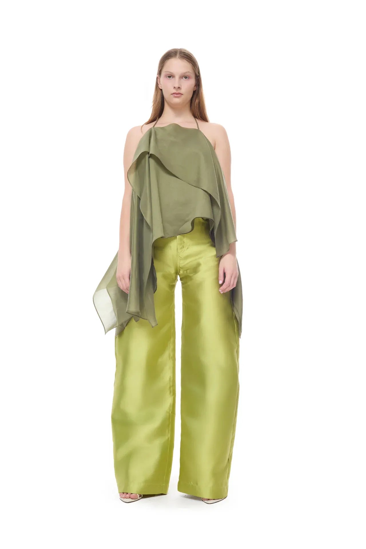 Double Layered Voile Scarf Sleeveless Top in Green
