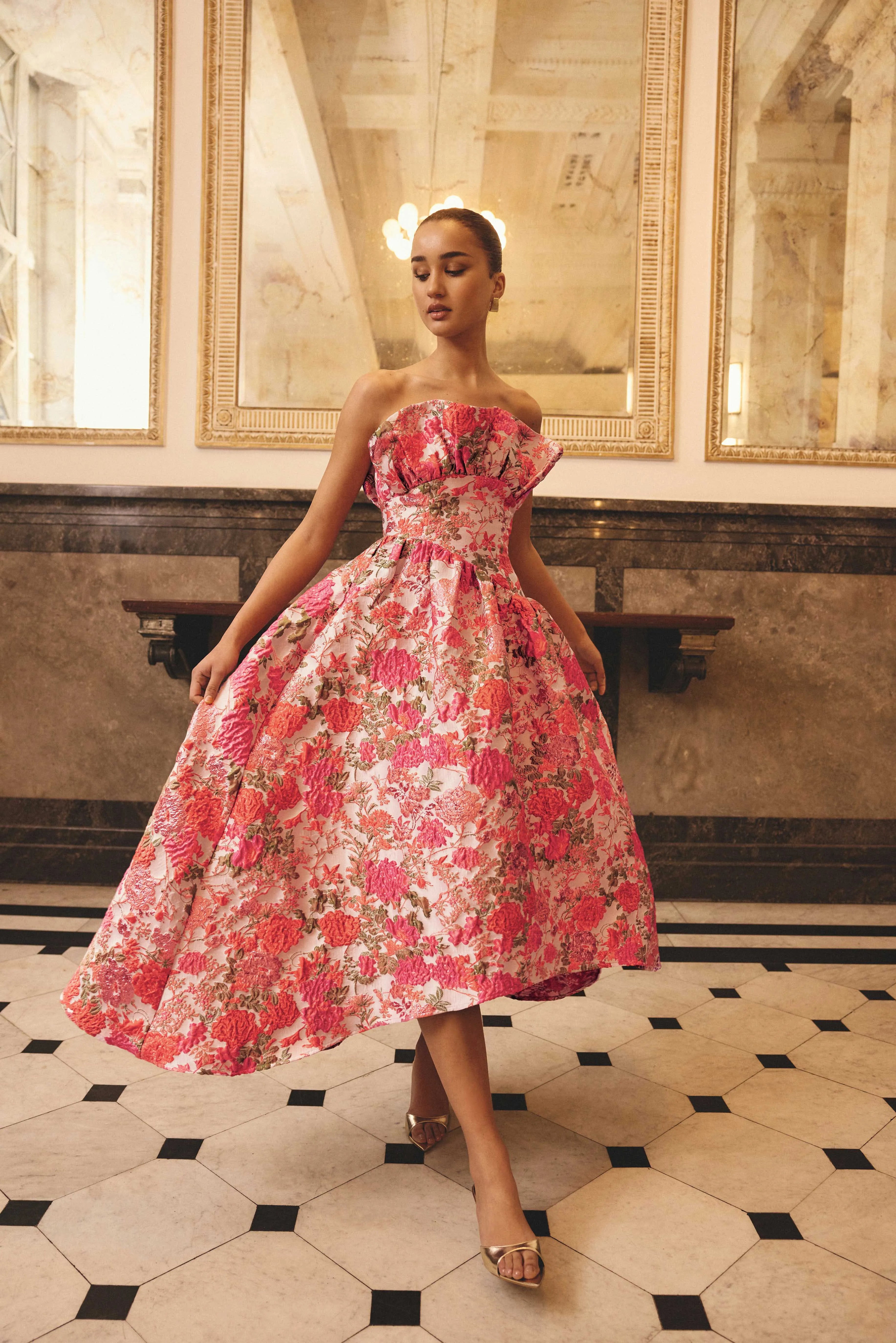 Floralie Strapless Floral Maxi Dress in Pink