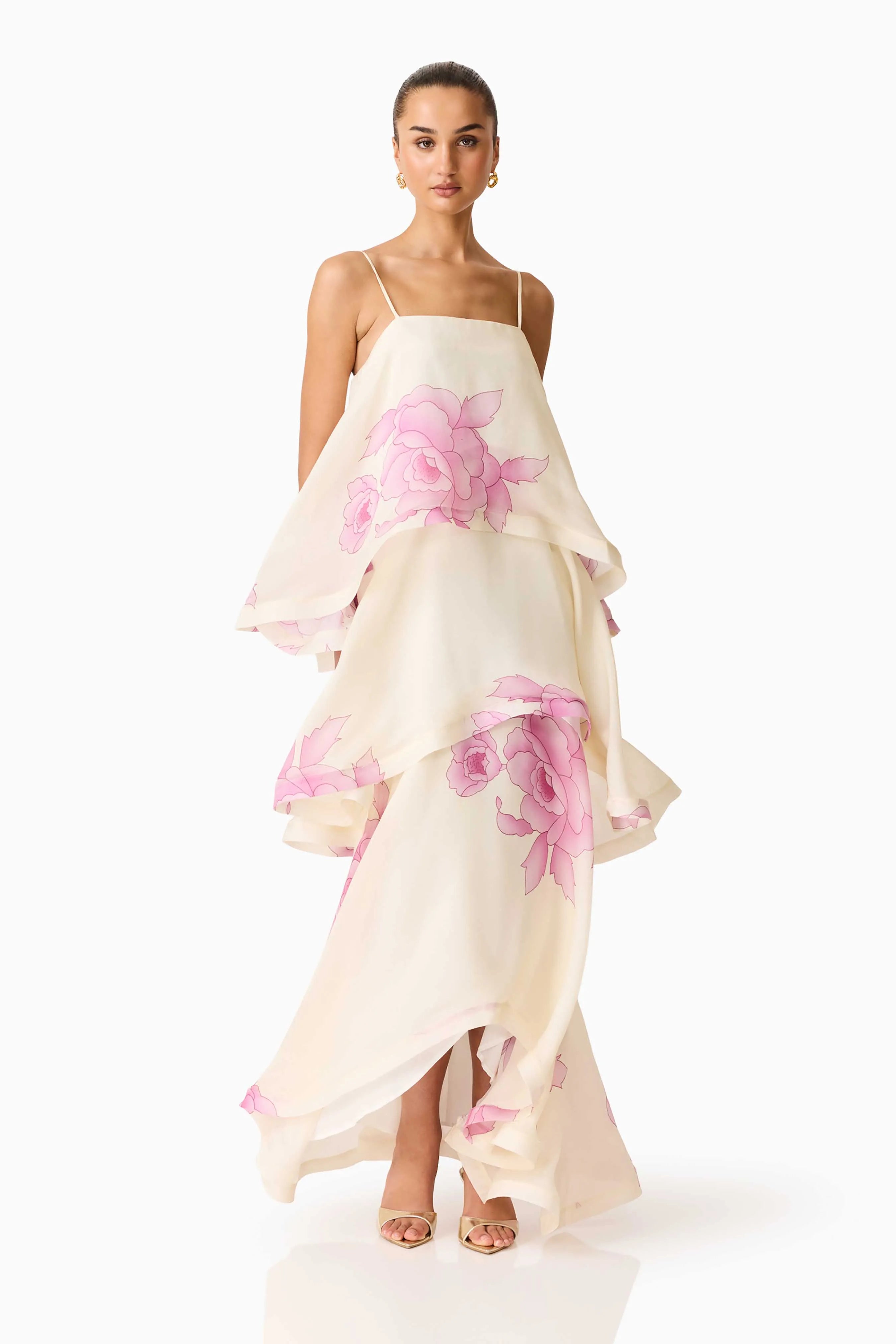 Rova Tiered Floral Maxi Dress in Cream