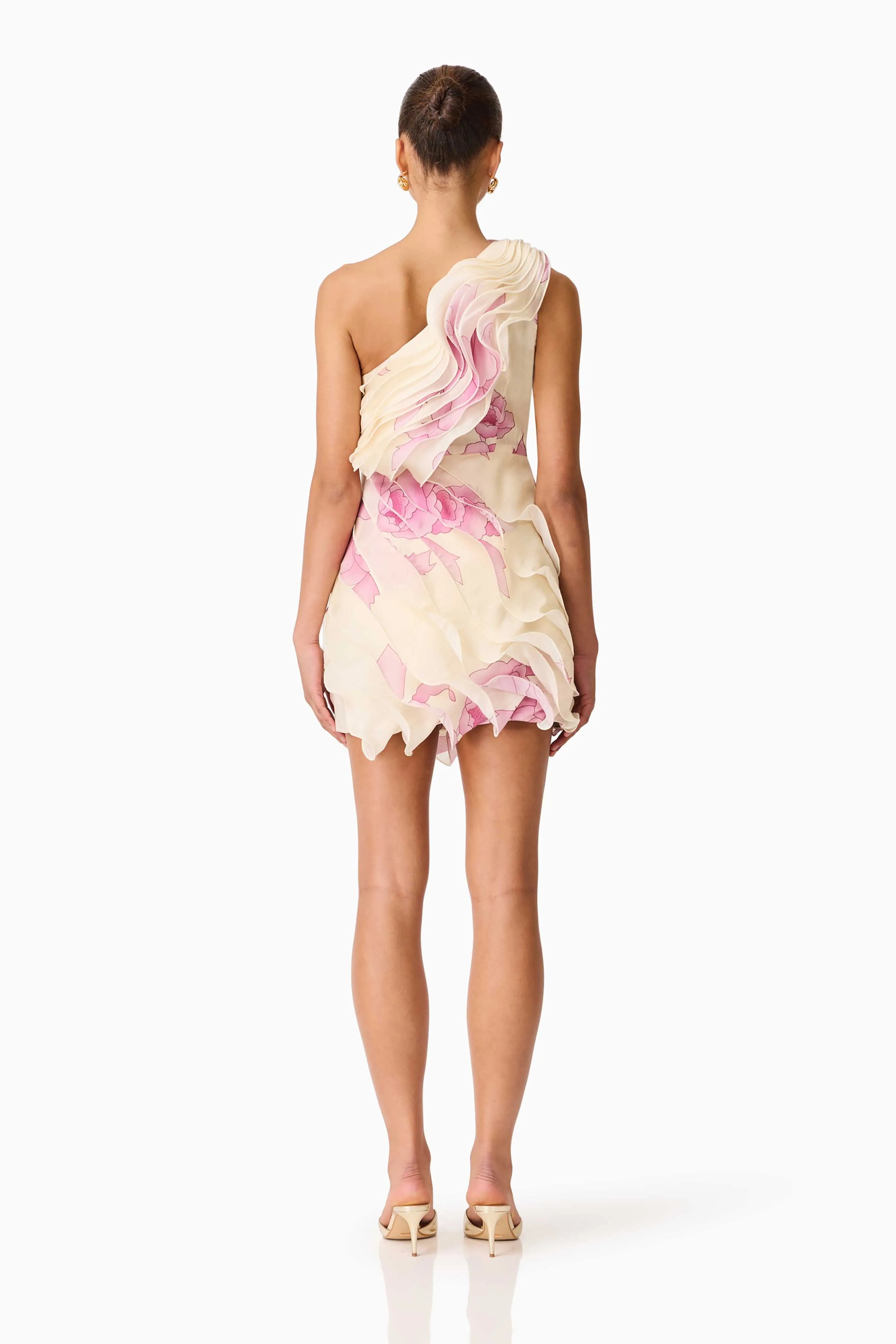 Rova One Shoulder Floral Mini Dress in Cream