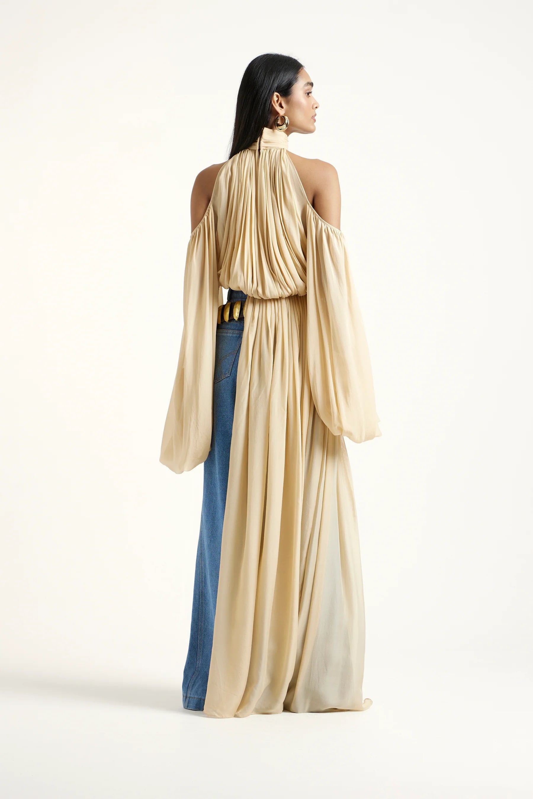 Sage Shoulder Cut Out Chiffon Top in Gold