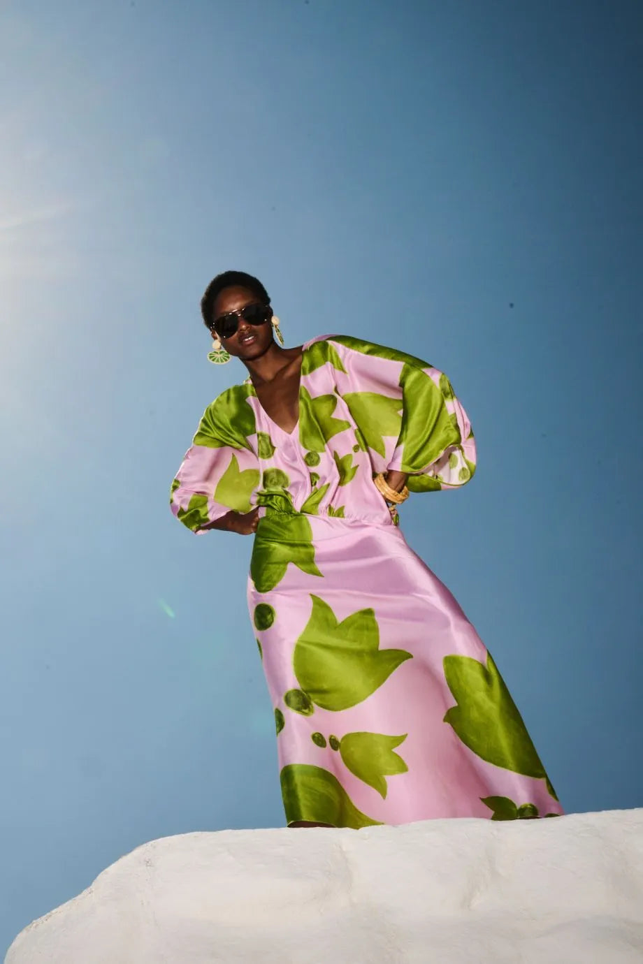 Eudora Puff Sleeves Silk Maxi Dress in Pink and Green