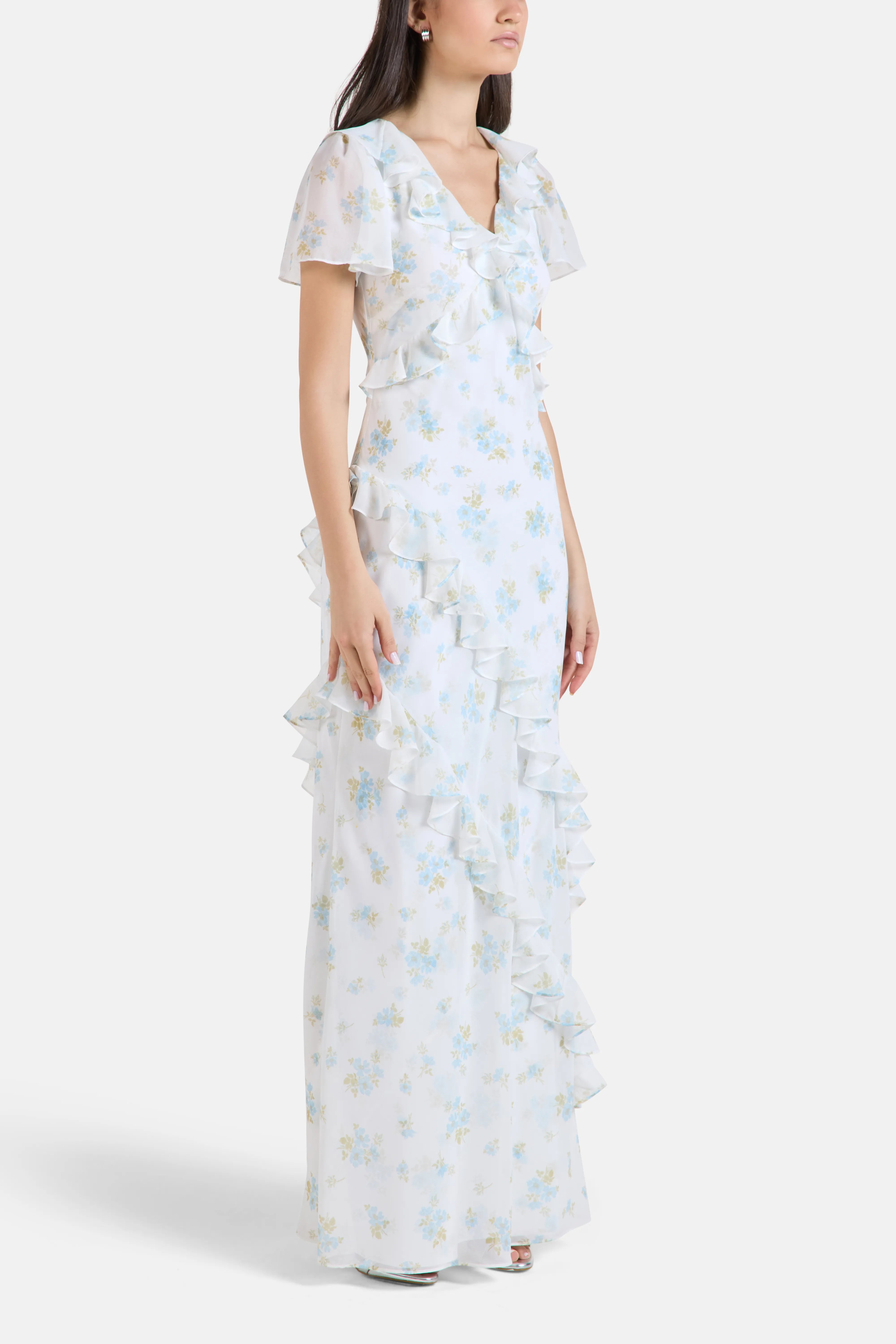 Magnolia Ditsy Georgette Ruffles Evening Maxi in Blue