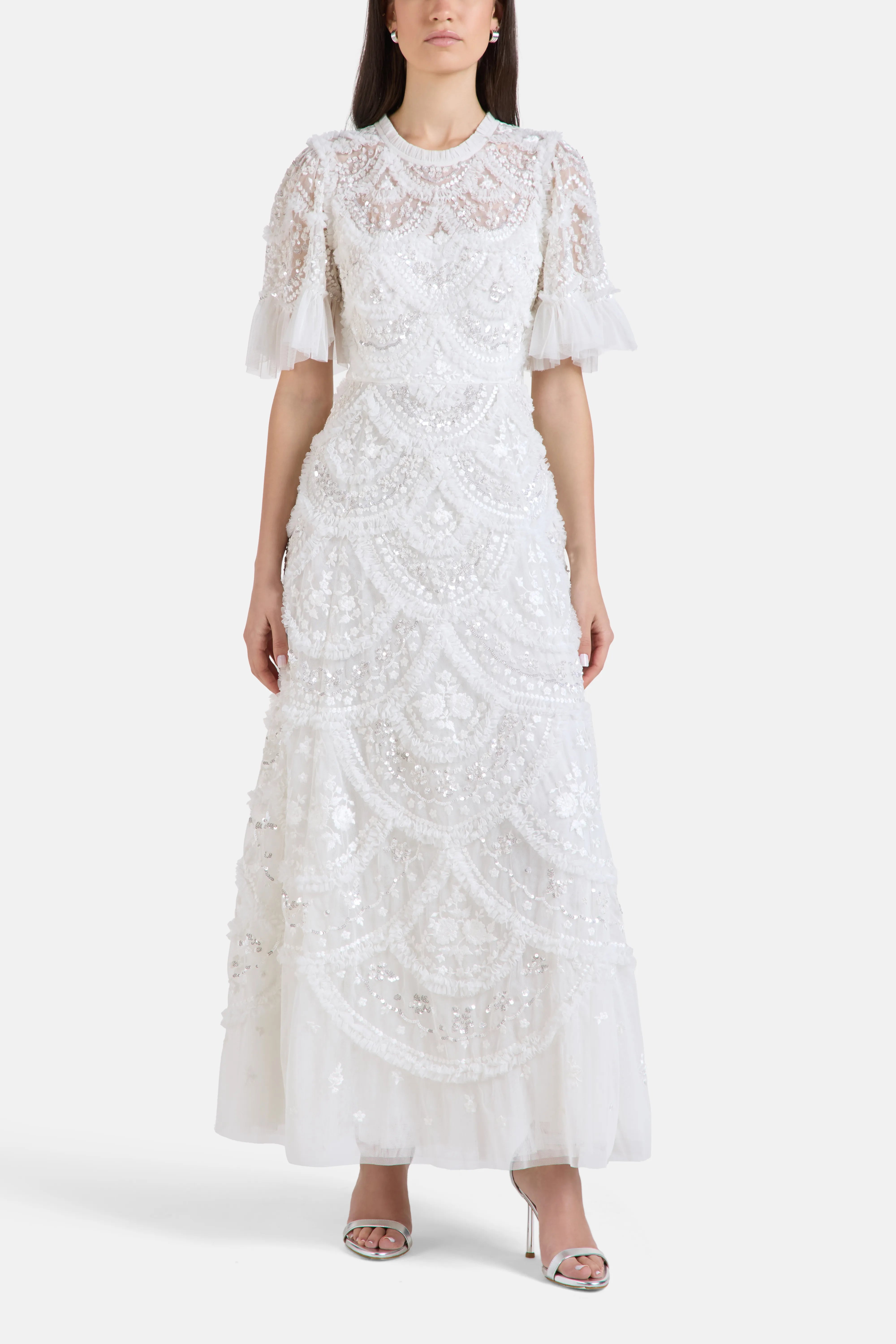Carmen Floral Sequins Evening Dress in White