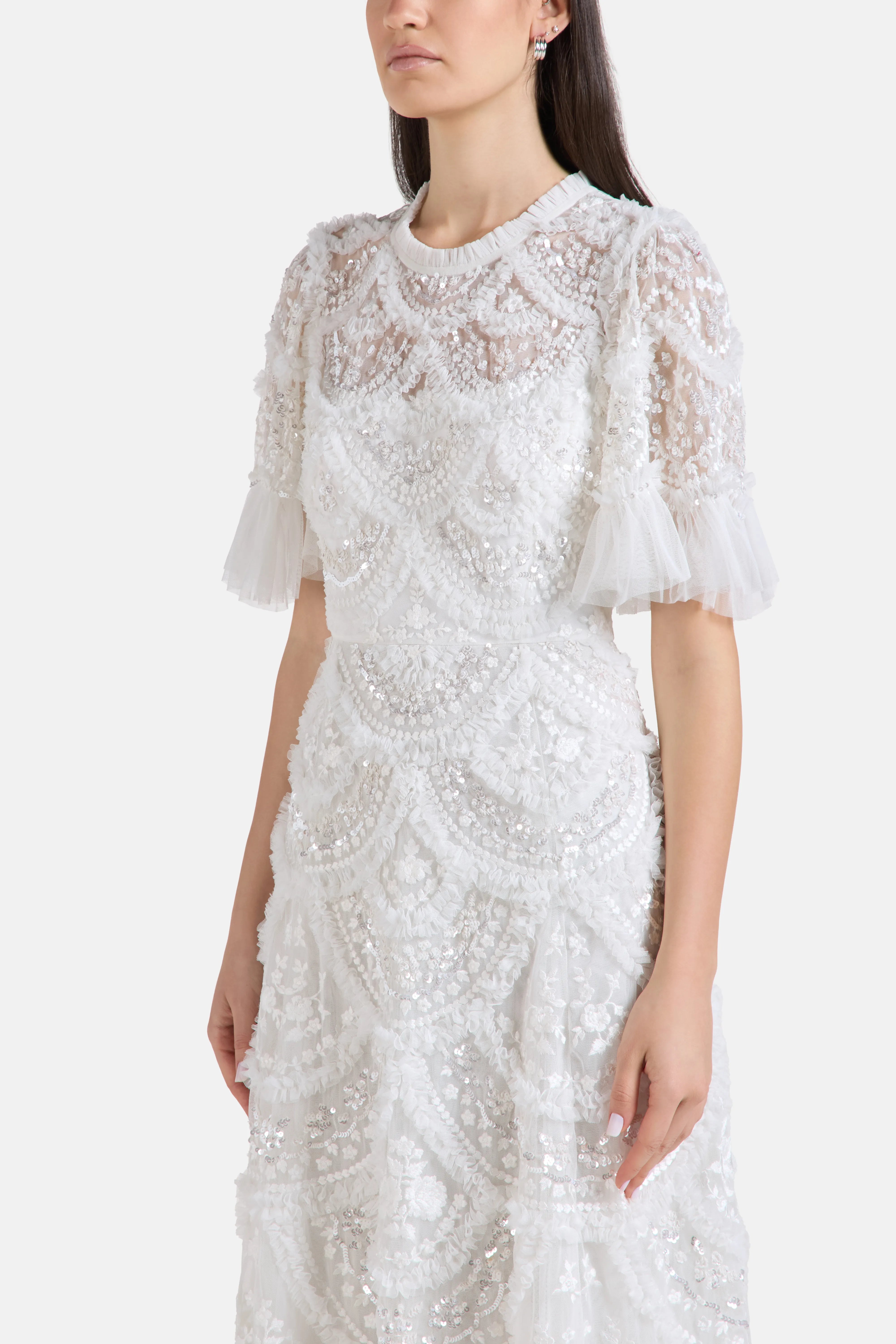 Carmen Floral Sequins Evening Dress in White