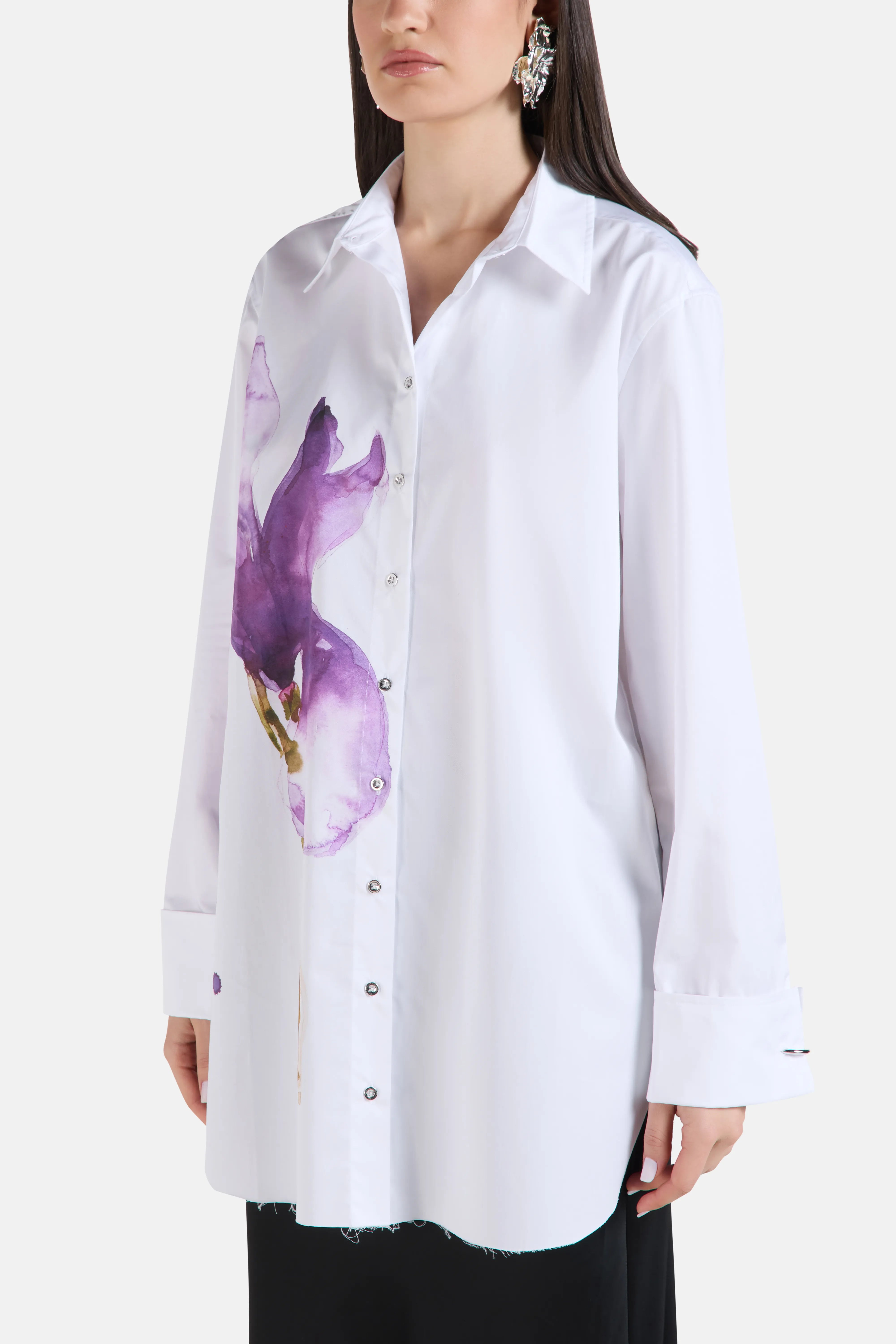 Watercolor Floral Cuff Metal Ring Printed Shirt in White