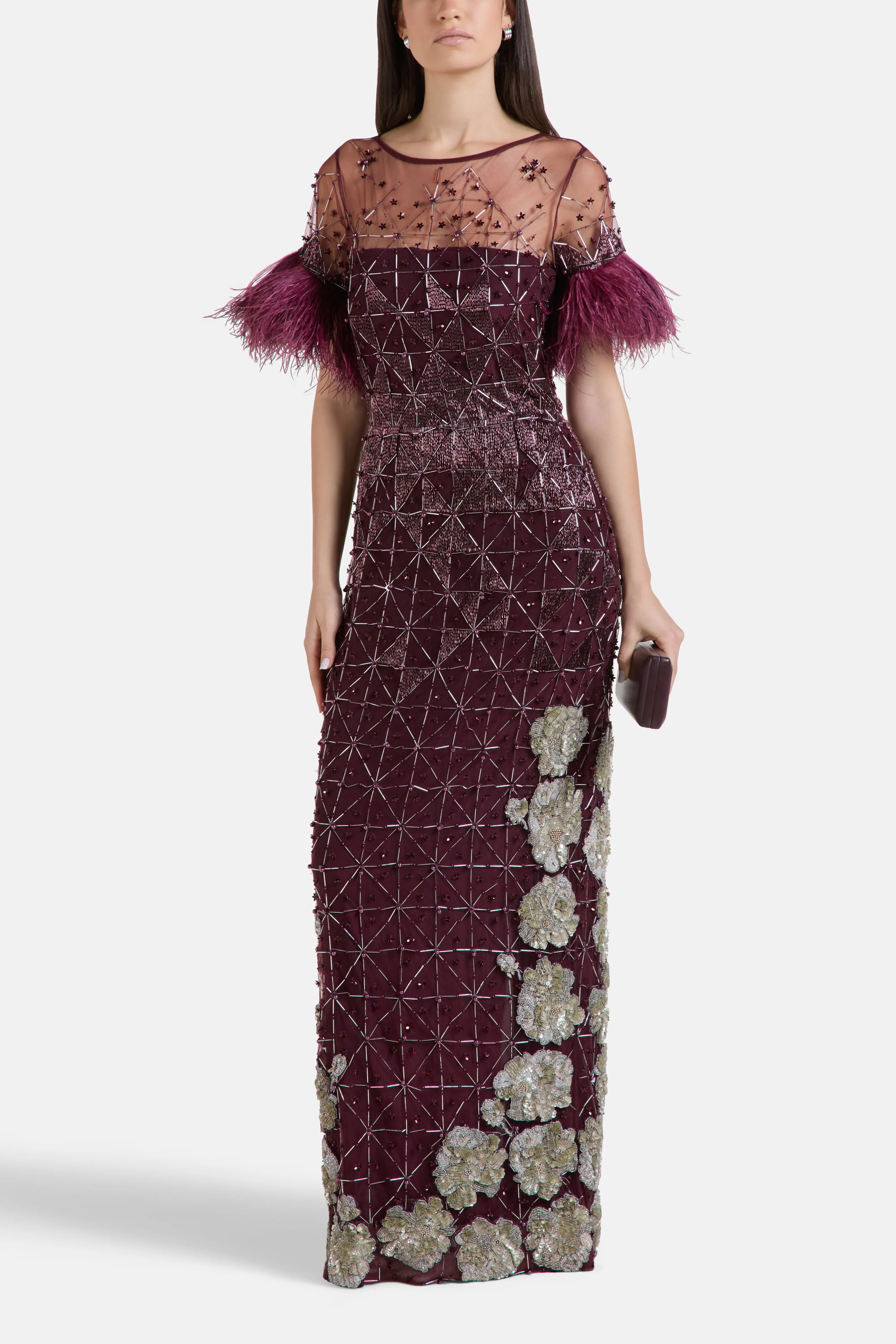 Embroidered Sequins Feathered Sleeves Evening Dress in Burgundy