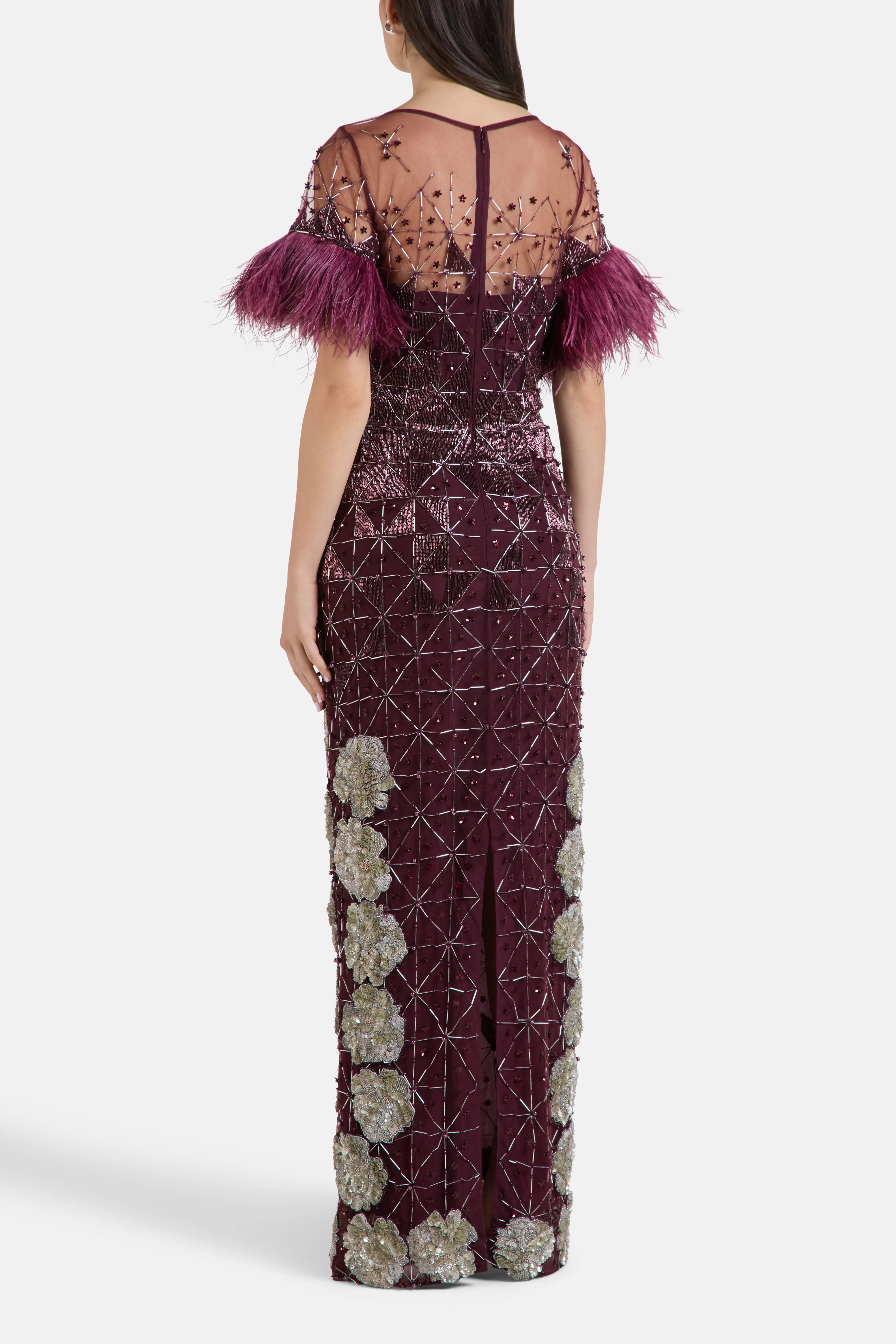 Embroidered Sequins Feathered Sleeves Evening Dress in Burgundy