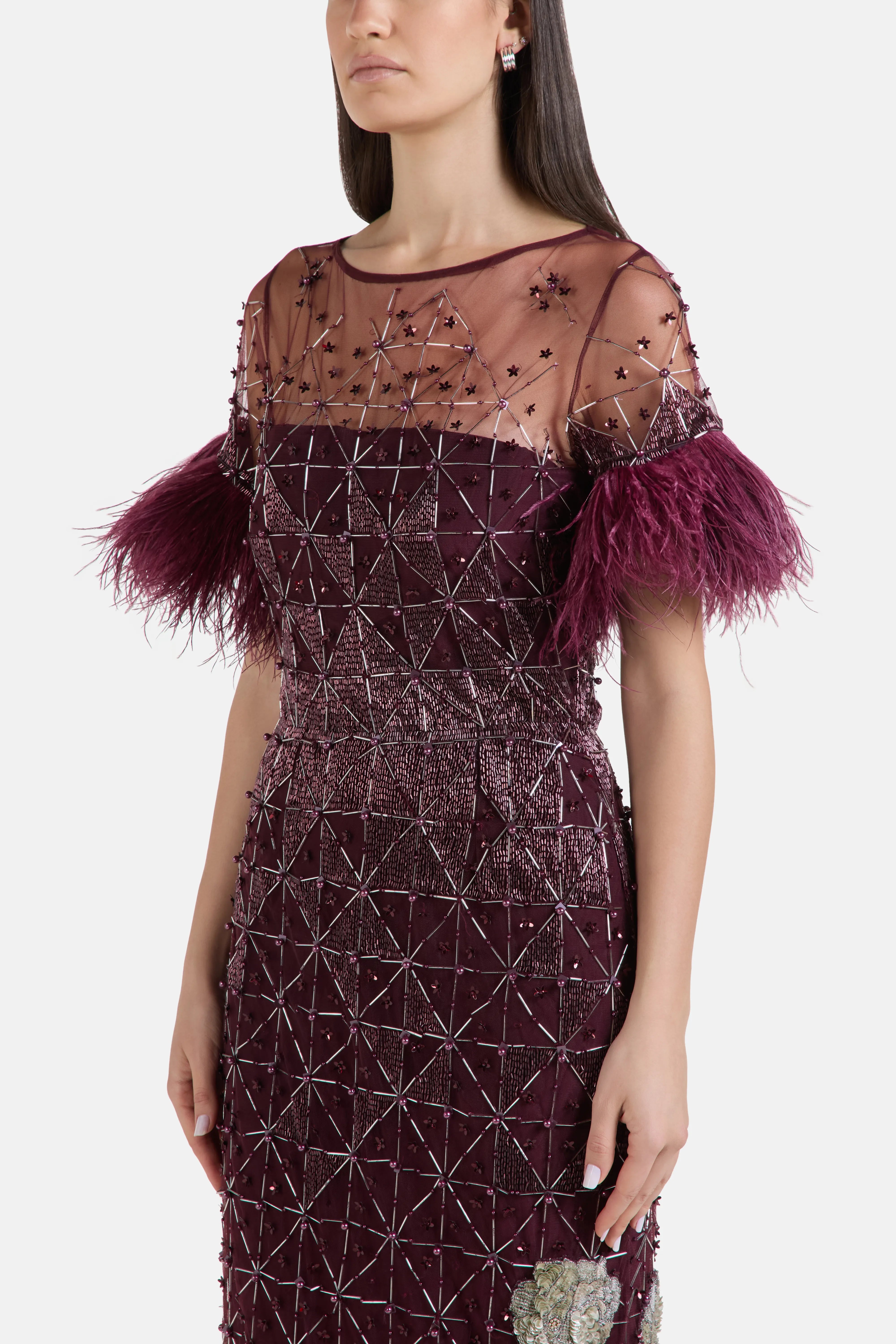 Embroidered Sequins Feathered Sleeves Evening Dress in Burgundy