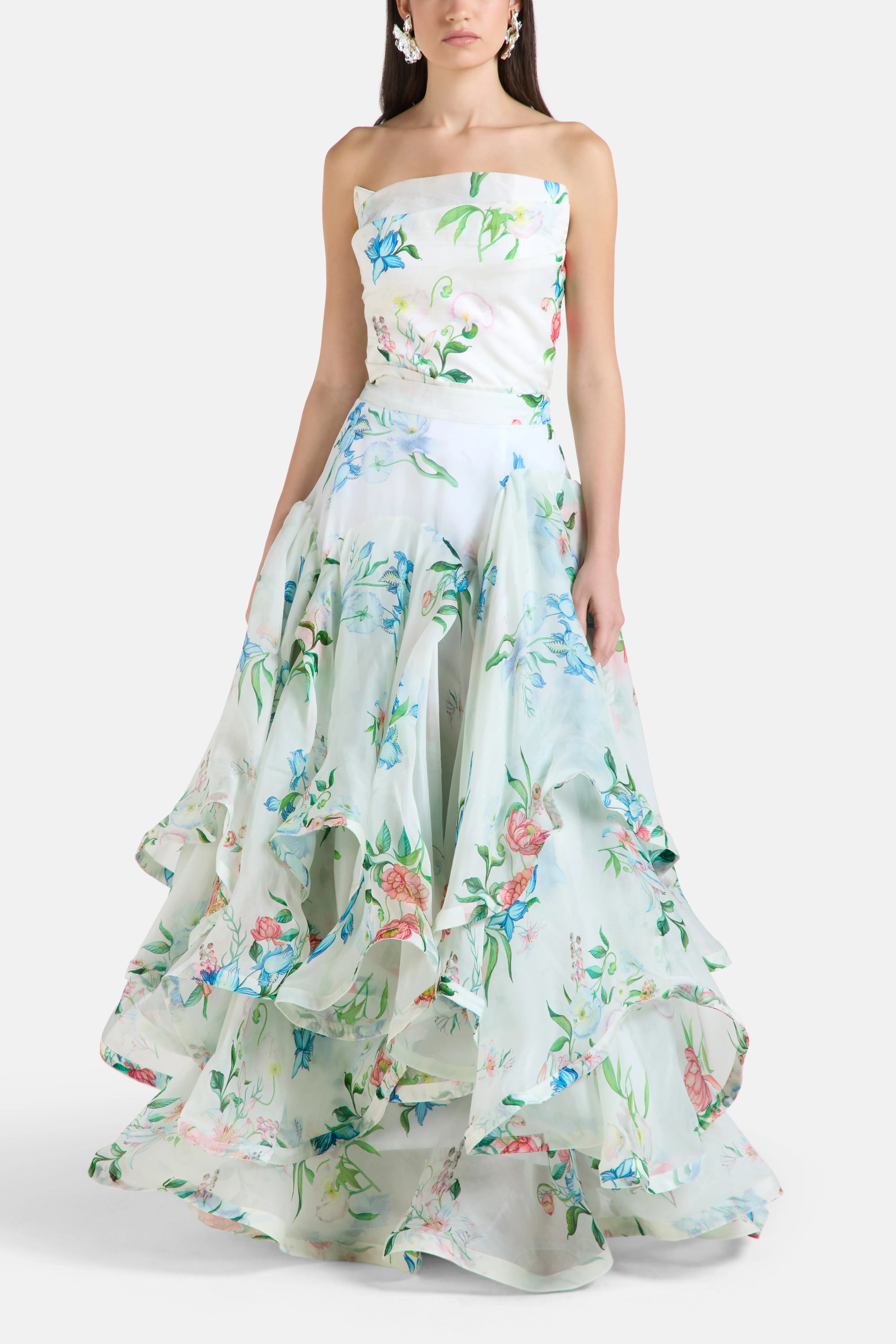 Petal Cascade Flounce Floral Maxi Skirt in White