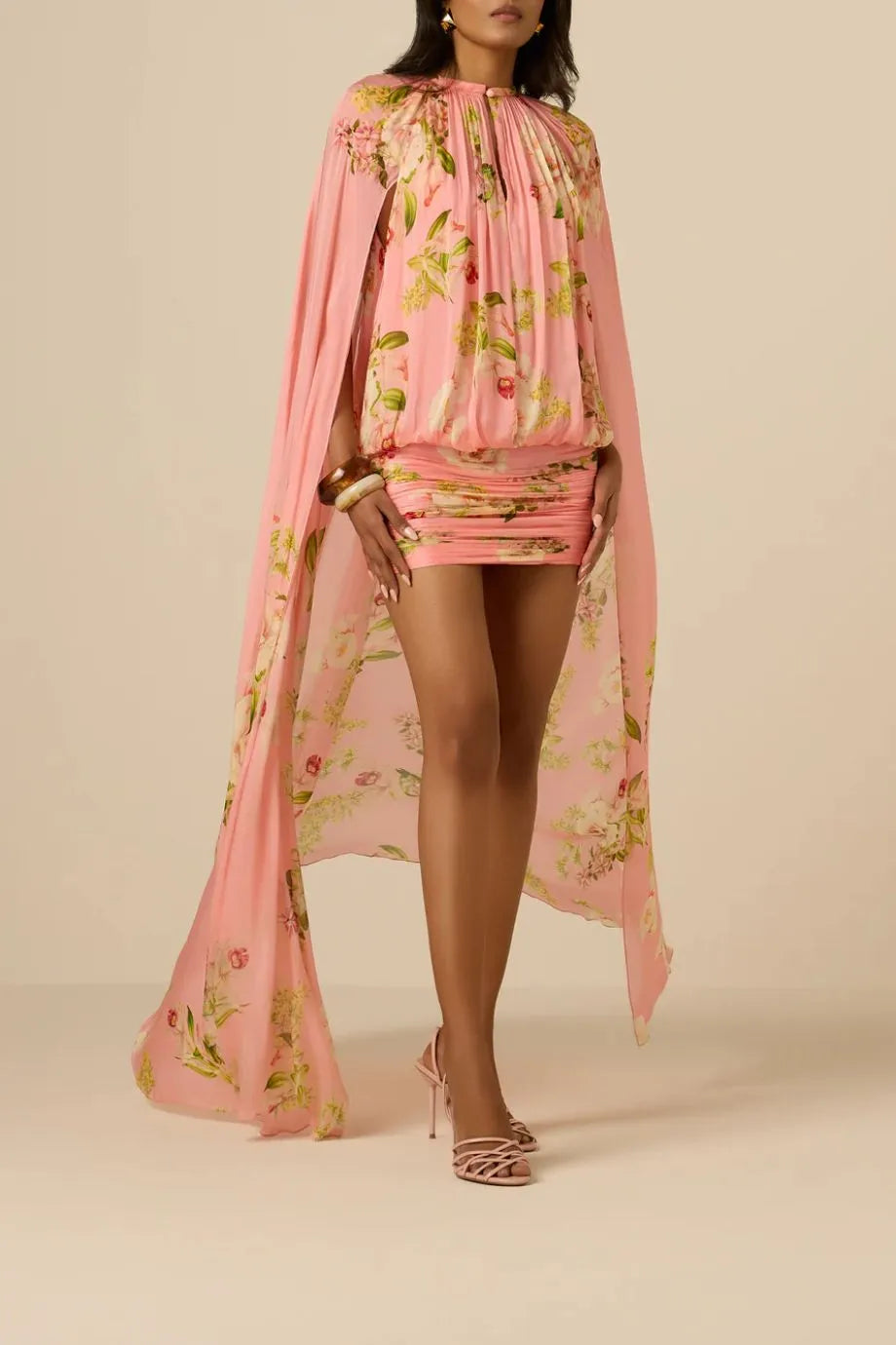 Lena Ruched Cape Mini Dress in Pink