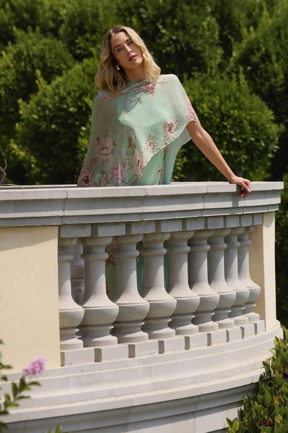 Ezra Bias Floral Cape Maxi Dress in Pink
