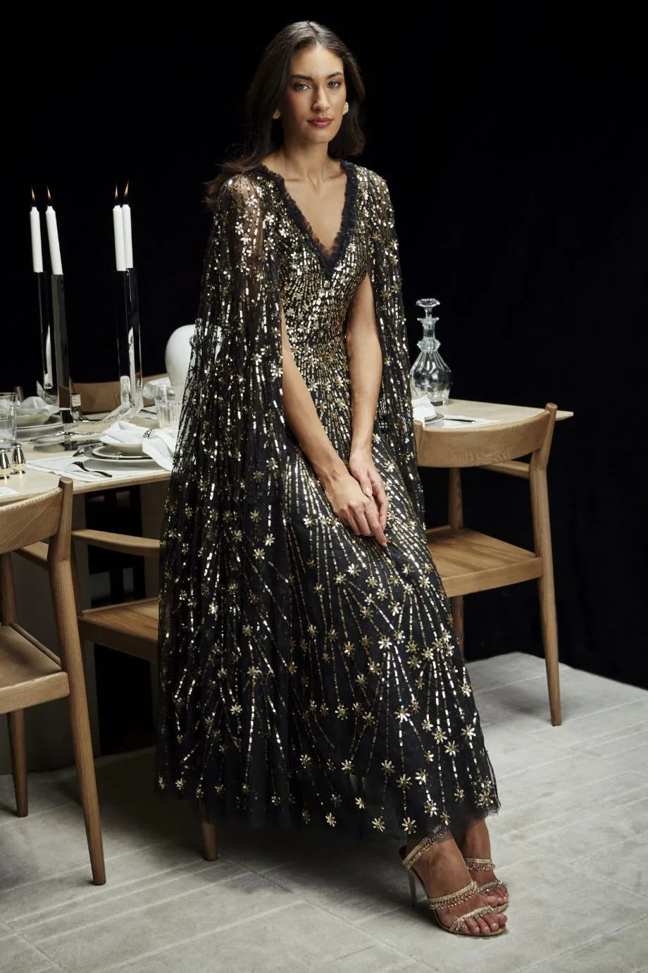 Comet Sequin Cape Evening Dress in Black