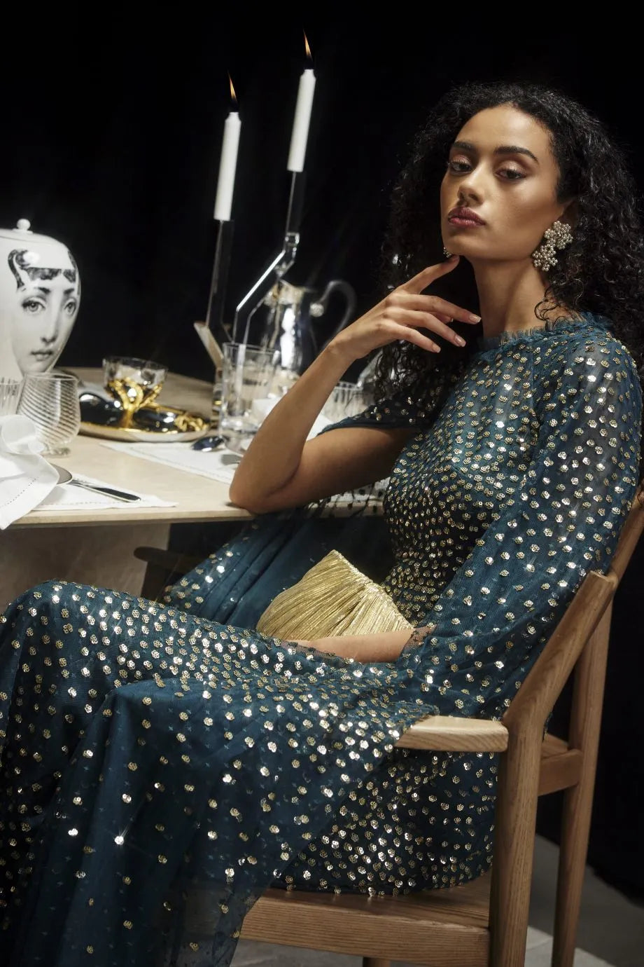 Scatter Dot Sequin Cape Evening Dress in Green