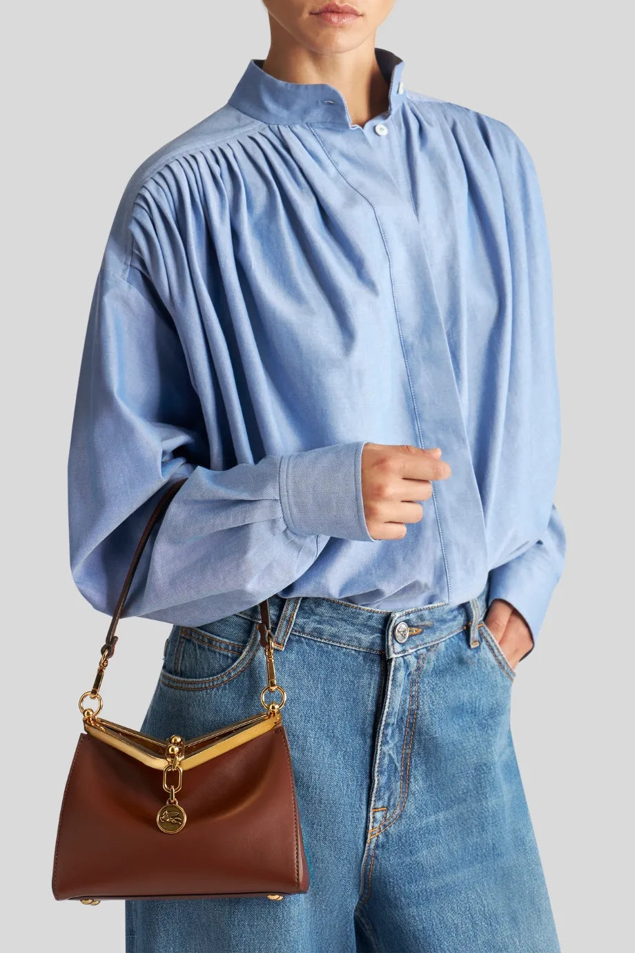 Vela Small Leather Shoulder Bag in Brown
