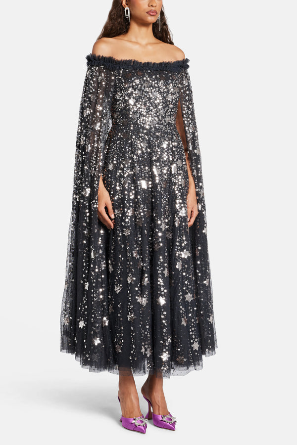 Shooting Stars Sequin Cape Evening Dress