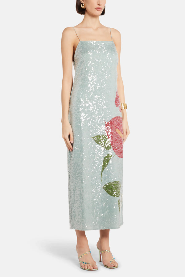 Anthurium Flowers Sequin Slip Maxi Dress