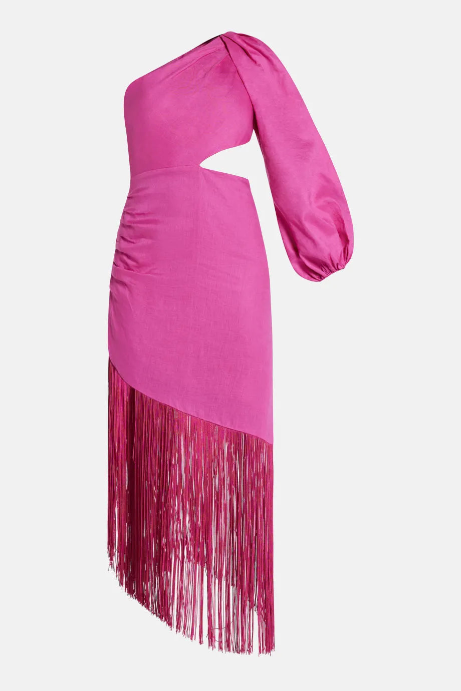 One Shoulder Cut Out Linen Midi Dress With Fringe in Pink