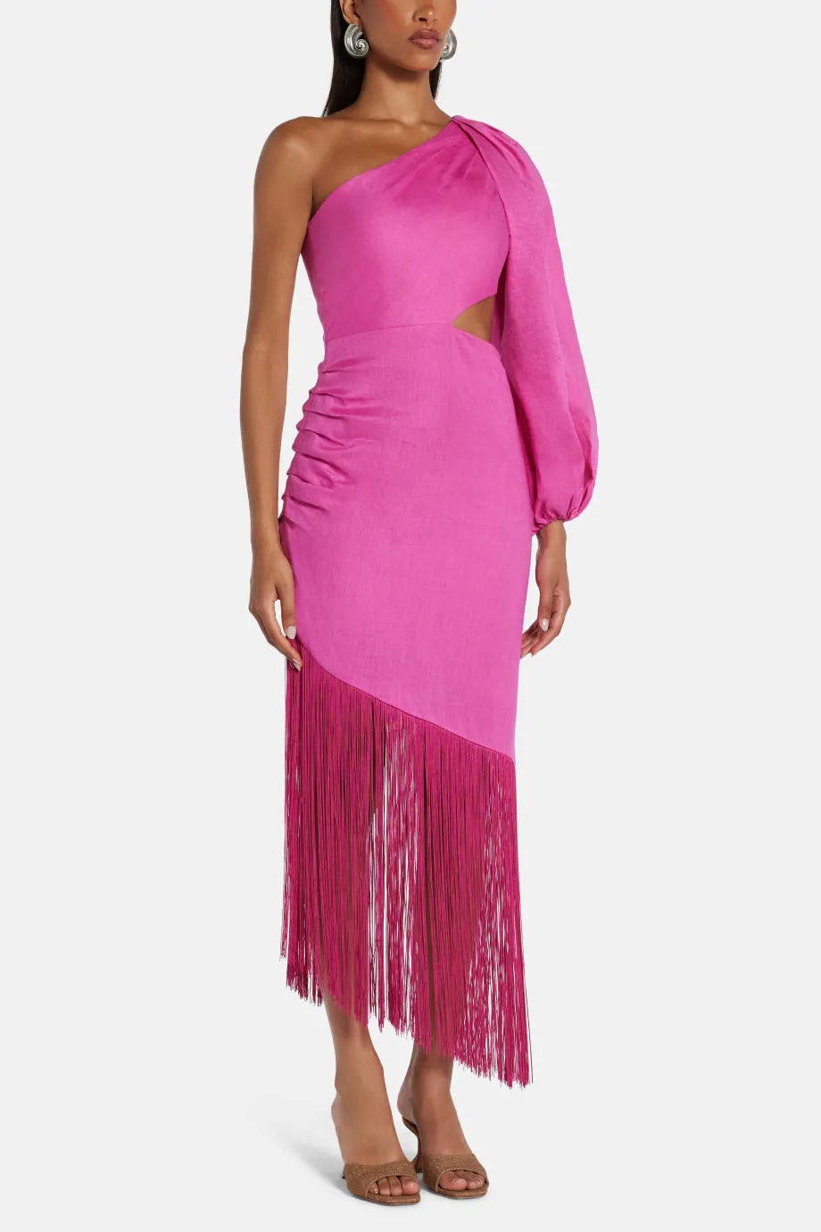 One Shoulder Cut Out Linen Midi Dress With Fringe in Pink