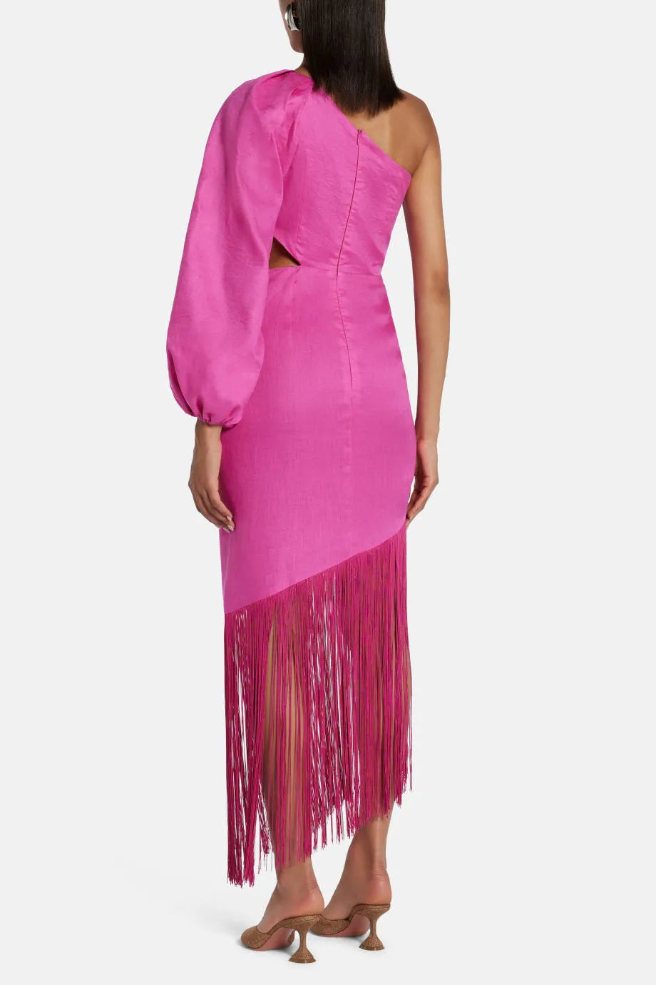 One Shoulder Cut Out Linen Midi Dress With Fringe in Pink
