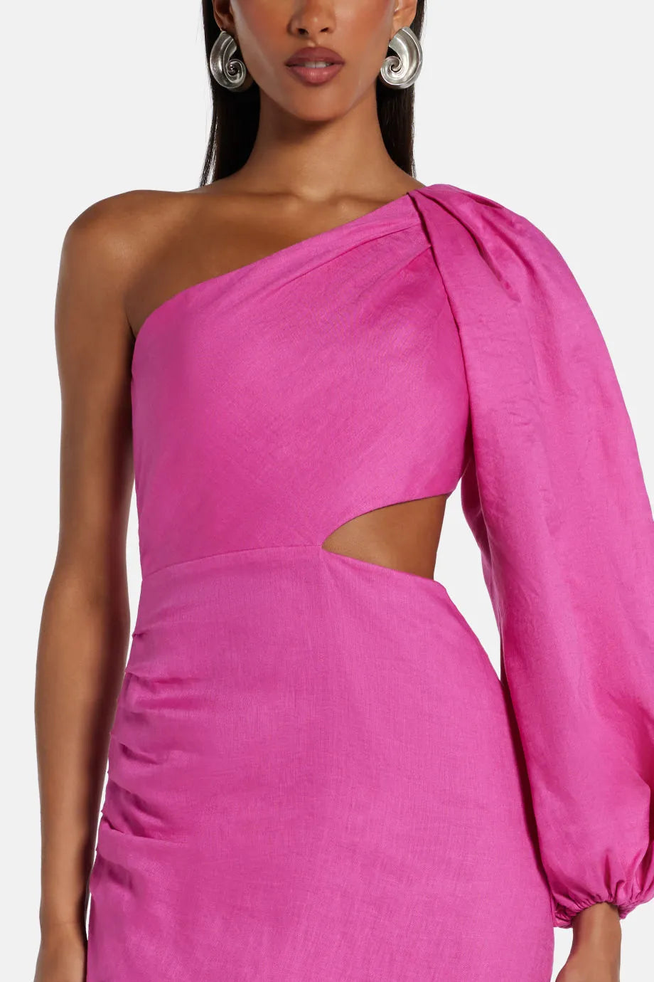 One Shoulder Cut Out Linen Midi Dress With Fringe in Pink