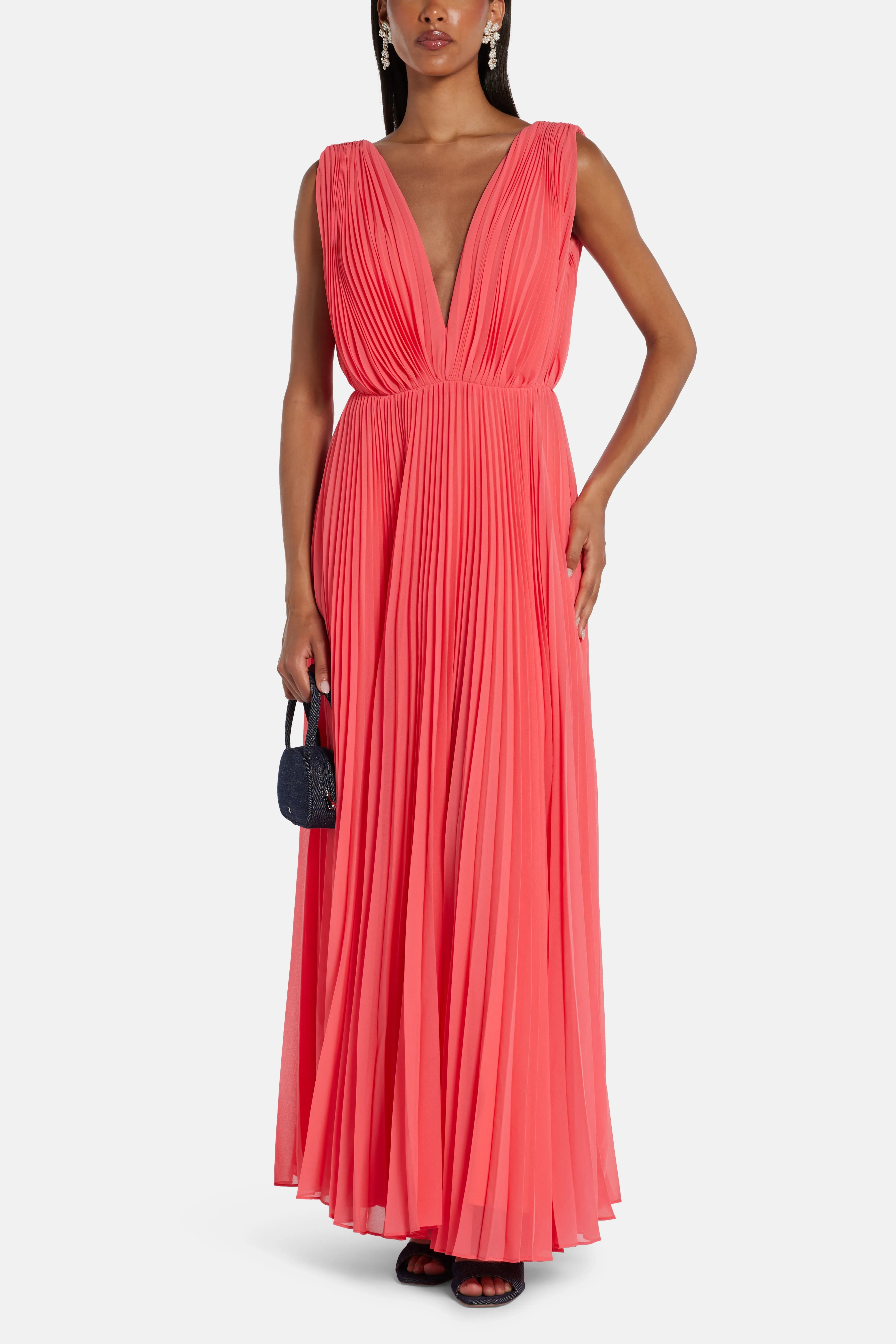 V Neck Sleeveless Pleated Maxi Dress in Orange